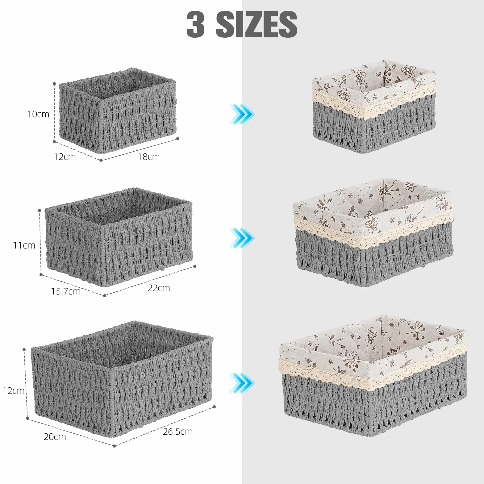 Cestini Portaoggetti, Set di 3 Cestini Portaoggetti Bambini Cesto Cestino porta Giocattoli Cestino da Bagno Cesto Vimini Corda di Carta Cestino Porta per Camerette, Bagno, Cassetti(Grigio)