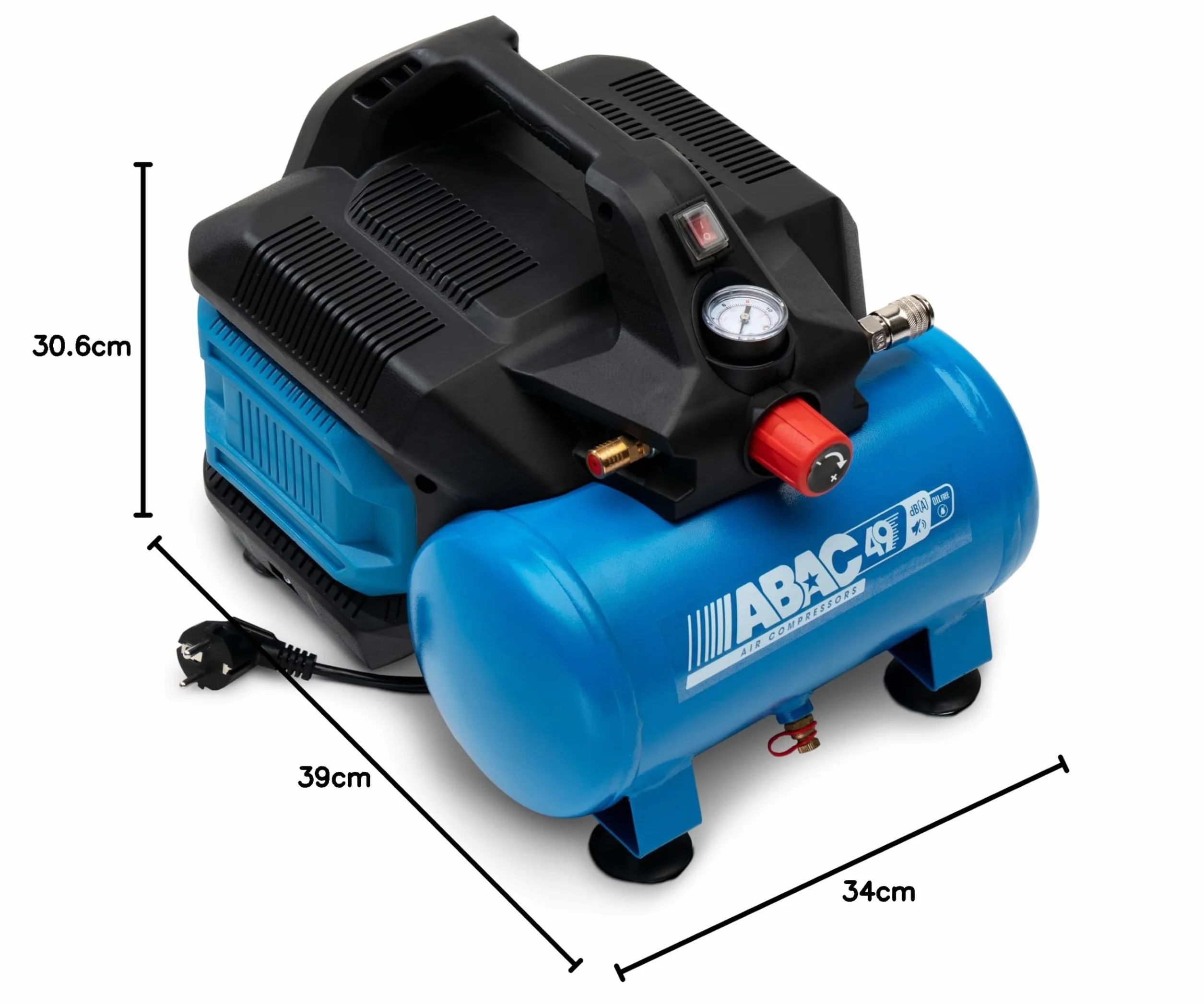 ABAC EASE-AIR 6 Compressore d'Aria Portatile Silenzioso, Compressore Aria Oil-Free, Pressione Massima 8 Bar, Potenza 0,75 Hp, Serbatoio 6 Litri, Rumorosità 49 dB
