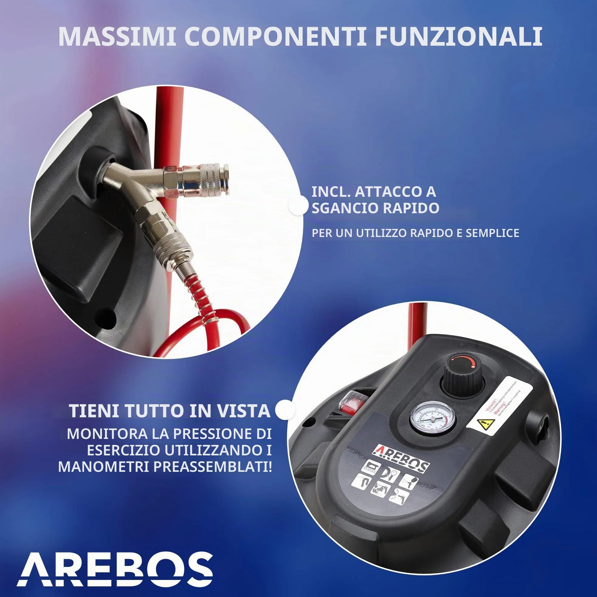 Arebos Compressore ad aria compressa 1500W | 30l | incluso set da 13 pezzi | senza olio | 240 L/min | doppio attacco Euro | 10bar| Capacità: 50 l, 30 l o 6 l (30 litri)