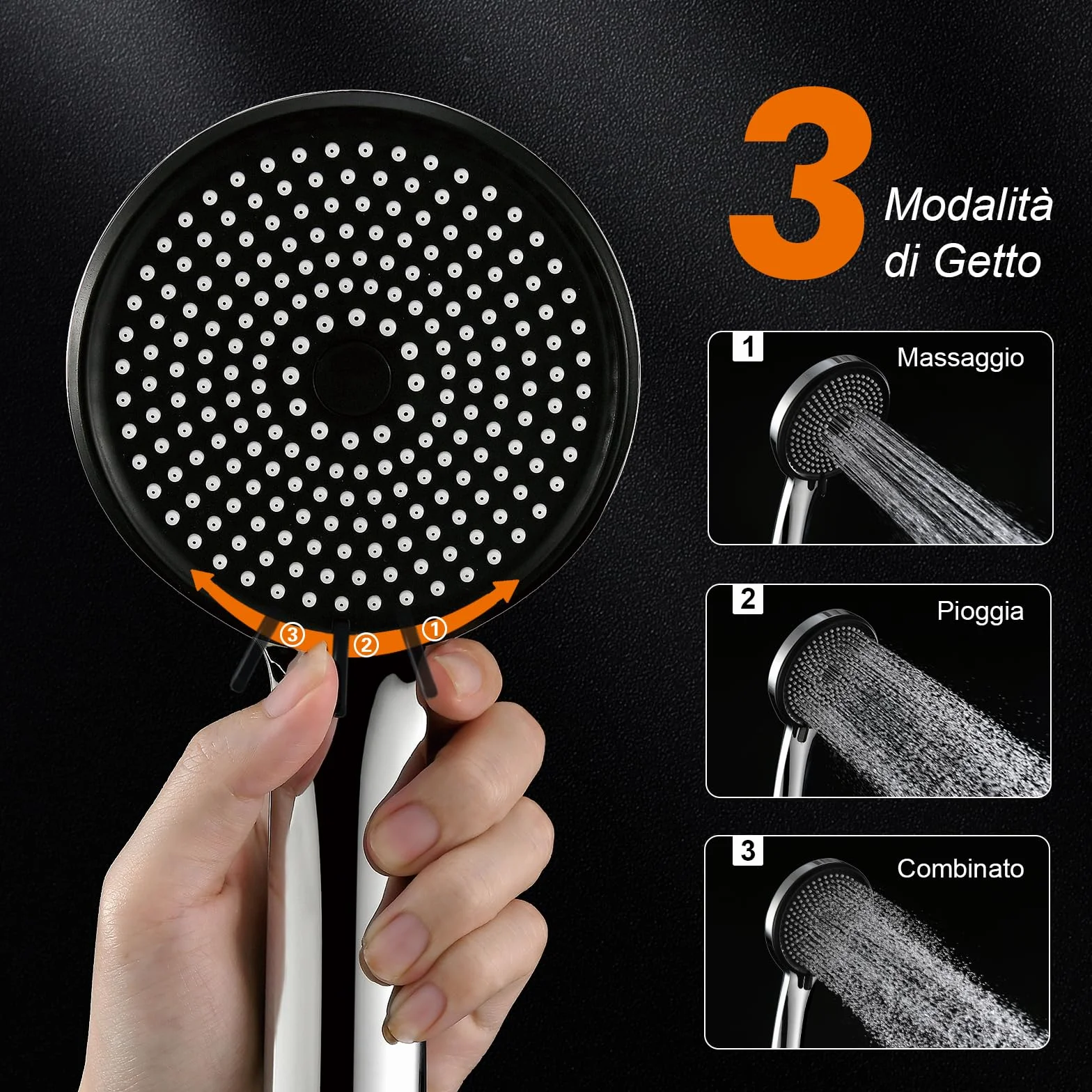 GRIFEMA Soffione Doccia Alta Pressione – 3 Modalità di Spruzzo, 216 Ugelli in Silicone Anticalcare, Design Leggero, Finitura Cromata, Universale e Facile da Installare, G807