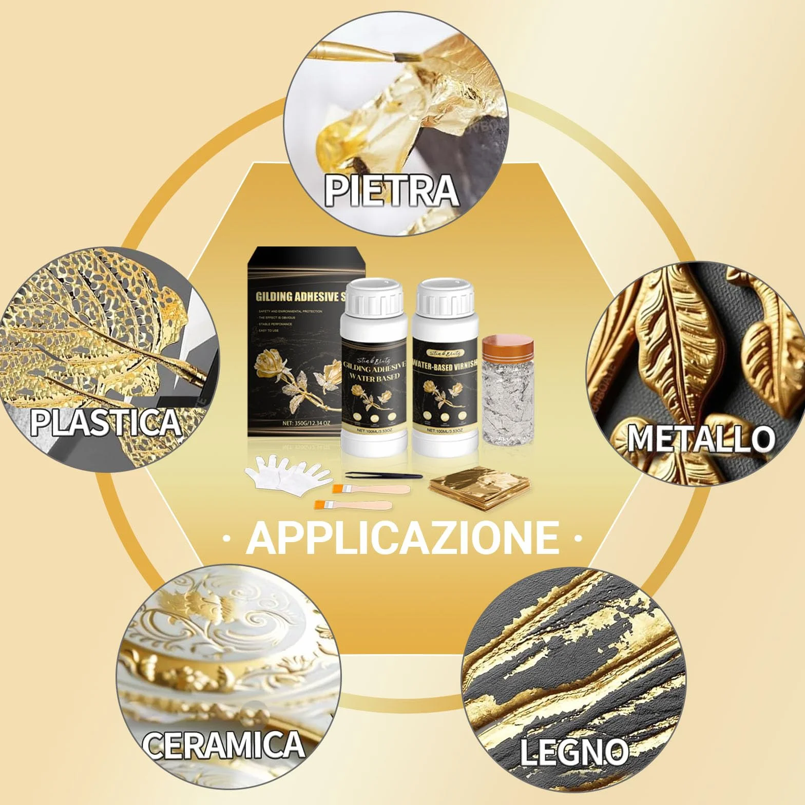 Adesivo per Foglia d'oro, Colla per Foglia d'oro,100 ml di Colla per lamiere a Base d'Acqua e 100 ml di Vernice, Foglia 100 Pezzi, per Lavori Manuali Pittura, Decorazione da Parete Gold Leaf
