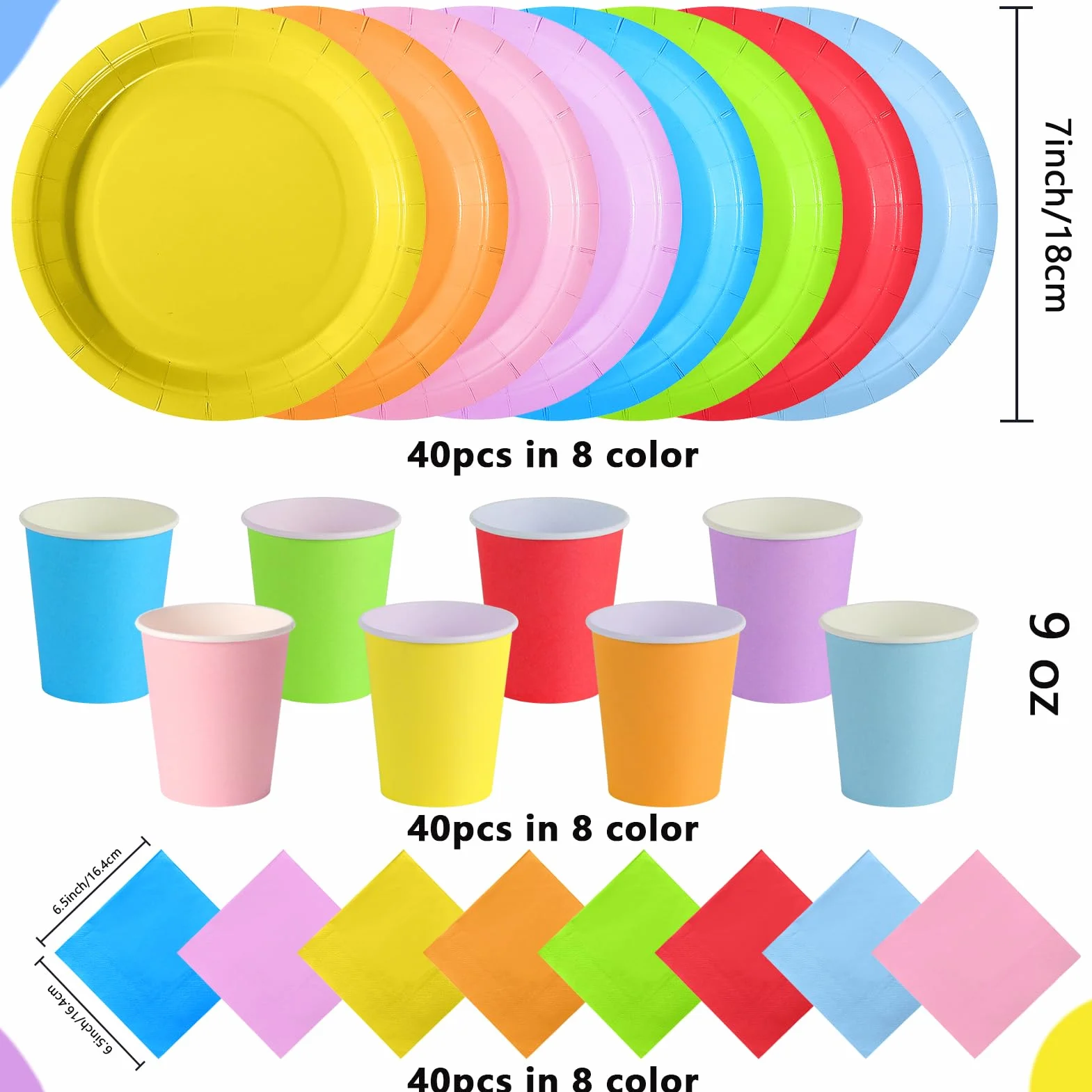 Set Stoviglie per Feste Multicolore 40 Ospiti Piatti Carta 18cm Bicchieri Tovaglioli Compleanni Bambini