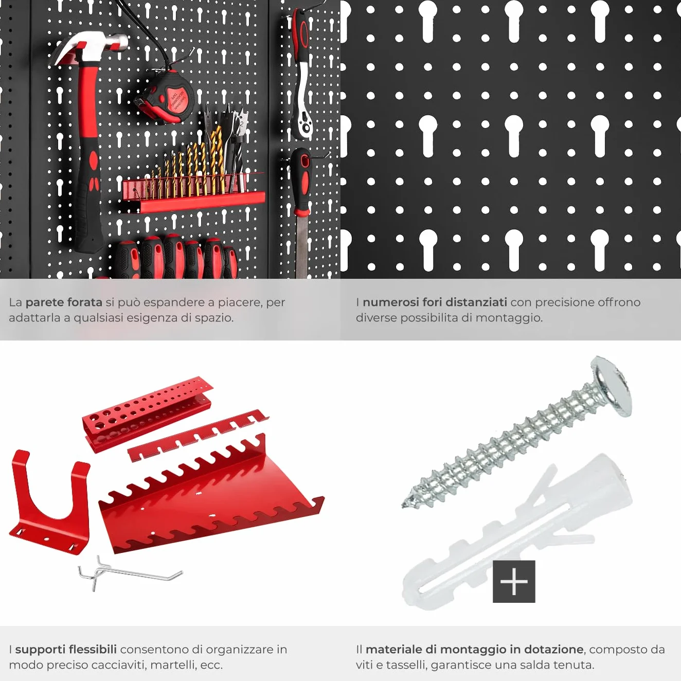 TecTake Pannello Forato Portautensili, 6 Pannelli, 53 Ganci e Sostegni, Espandibile, Adattabile per Garage e Officina