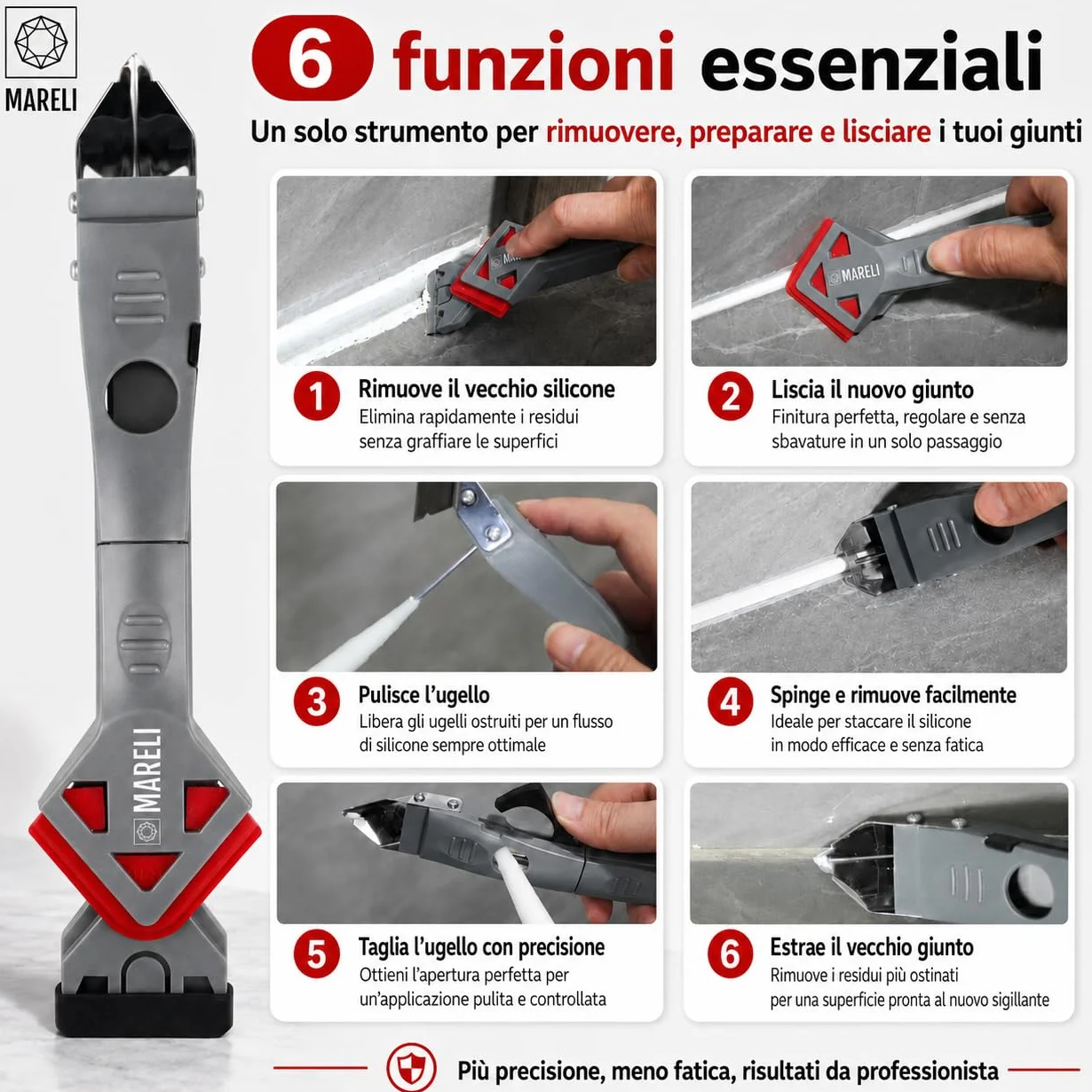 MARELI SERIE 7 - Spatola per Silicone Raschietto Togli Silicone Spatole per Silicone Calafataggio Flex Kit Silicone 7 in 1 Spatola Silicone Sigillante Professionale con Grout Remove per Bagno,Cucina