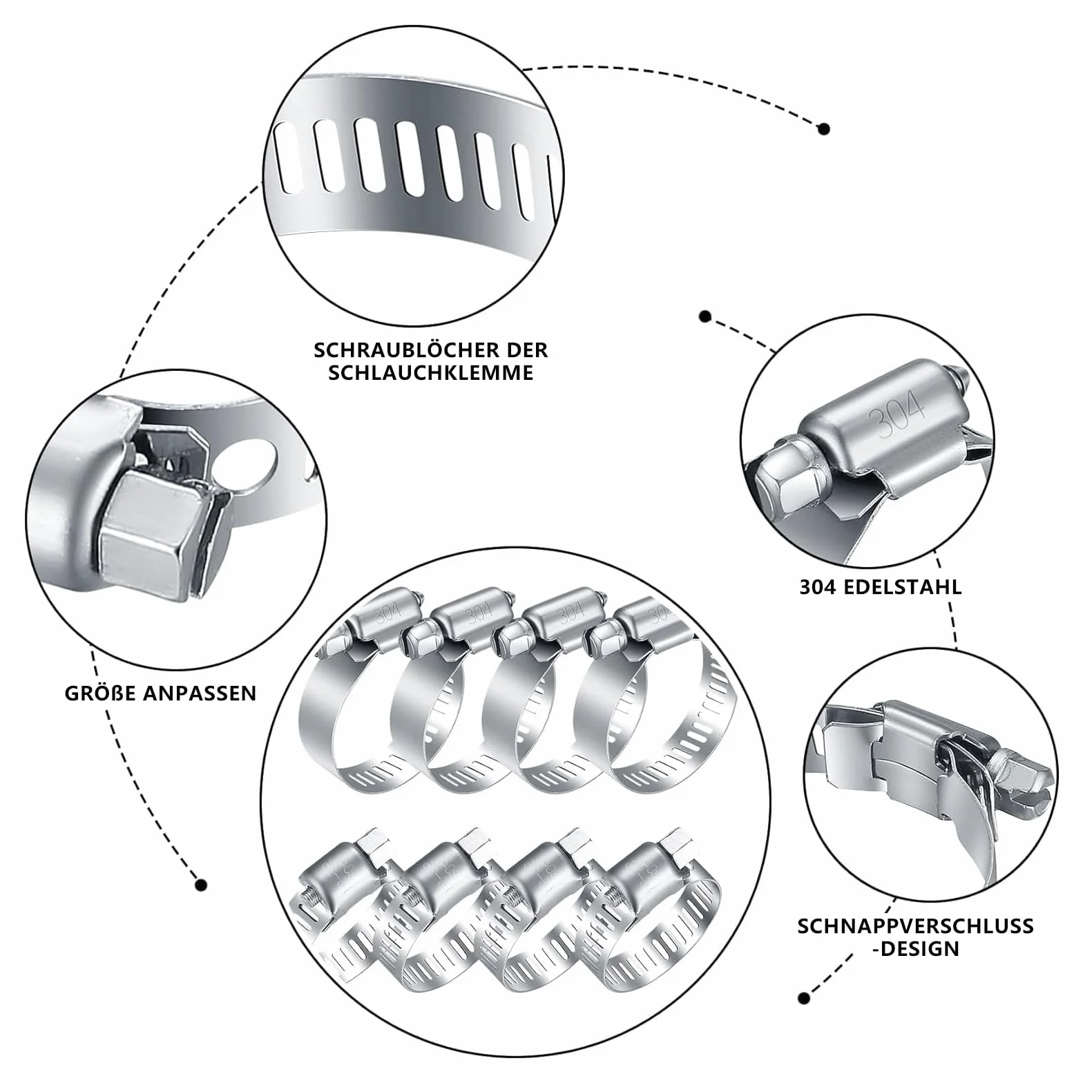 8 Pezzi Fascette Stringitubo Set, Fascetta Stringitubo Regolabile 40-63mm, Fascette Metalliche, Fascette a Vite in Acciaio Inox, per Lavatrice, Tubi Piscina, Giardino, Tubi Gas, Acqua, Auto