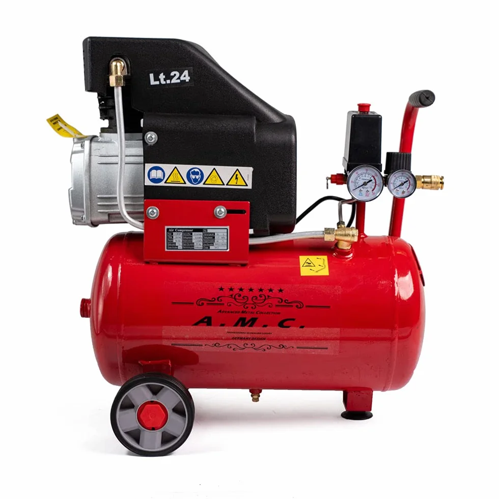 AMC Compressore ad aria da 25 litri pressione 8 bar elettrico coassiale 2 Hp incluso Kit Accessori salva spazio motore potente termicamente silenziato protetto con Carcassa esterna in alluminio