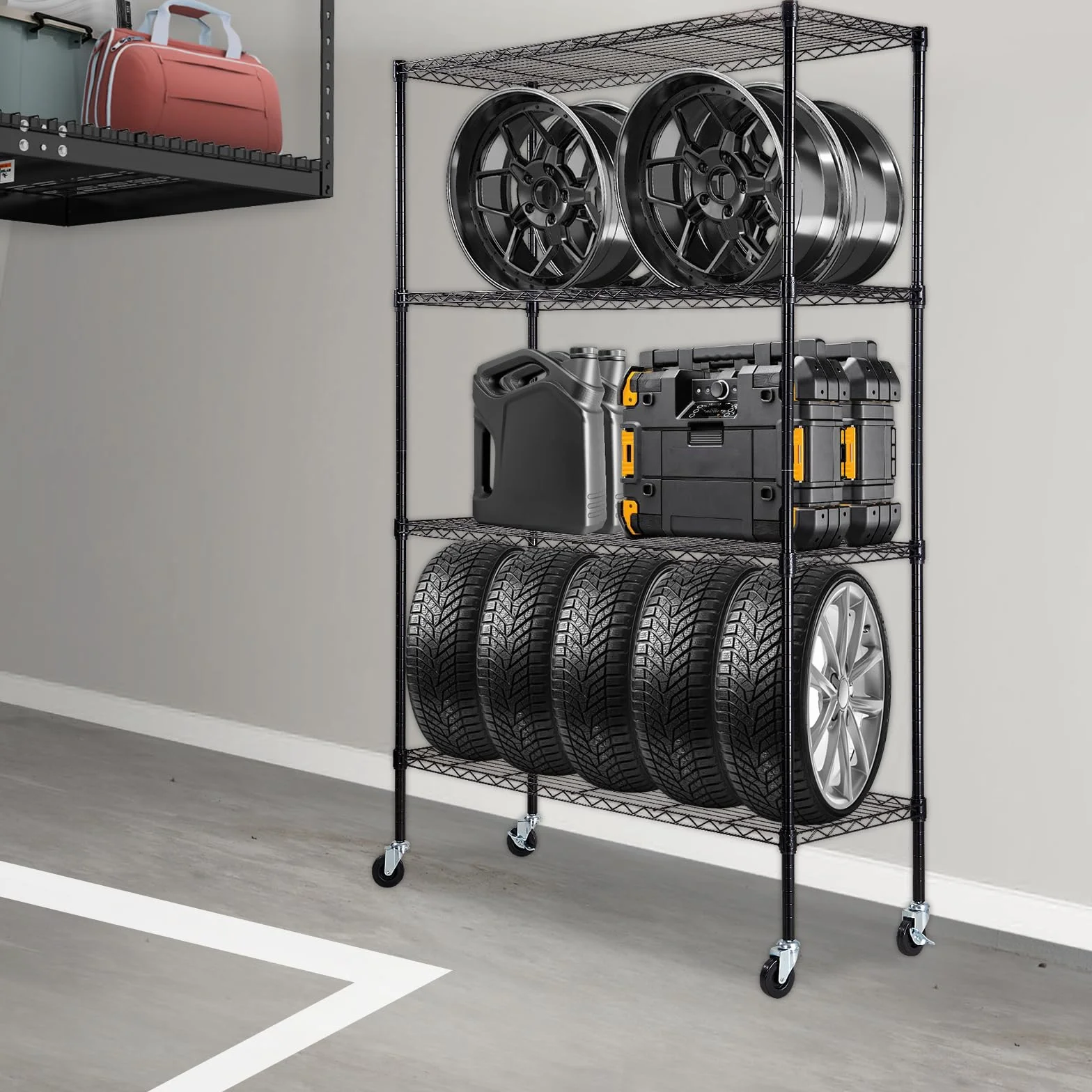 VEVOR Scaffale portaoggetti con Ruote, 4 Ripiani Regolabili, Capacità 700 Libbre, Scaffali da Garage per Carichi Pesanti Scaffale Metallico Organizzatore in Metallo, Nero, 47,2"x17,7"x74"