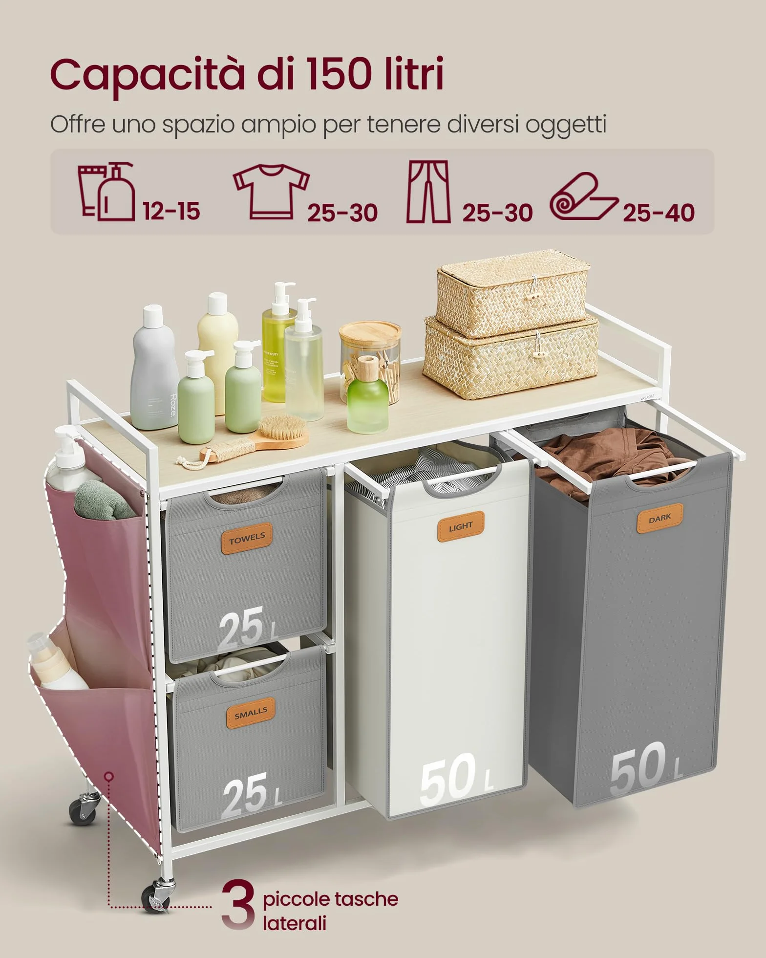VASAGLE Cesto Portabiancheria 4 Scomparti, Porta Biancheria 150 L, Carrello per Biancheria con Piano, Sacchi, Tasche Laterali, 6 Etichette, Beige Naturale, Grigio Tortora e Bianco Crema BLH203G01