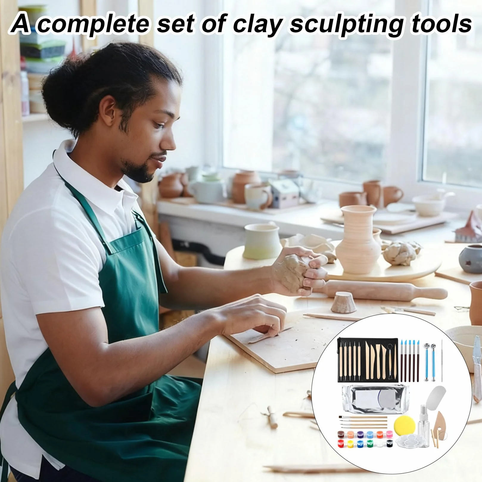 33 Pz Kit Strumenti per Modellare Argilla da Modellar, Set Professionale Kit Ceramica Fai da Te, Include 30 Strumenti Argilla Polimerica, 1 tavolozza, 1 Argilla, 1 annaffiatoio