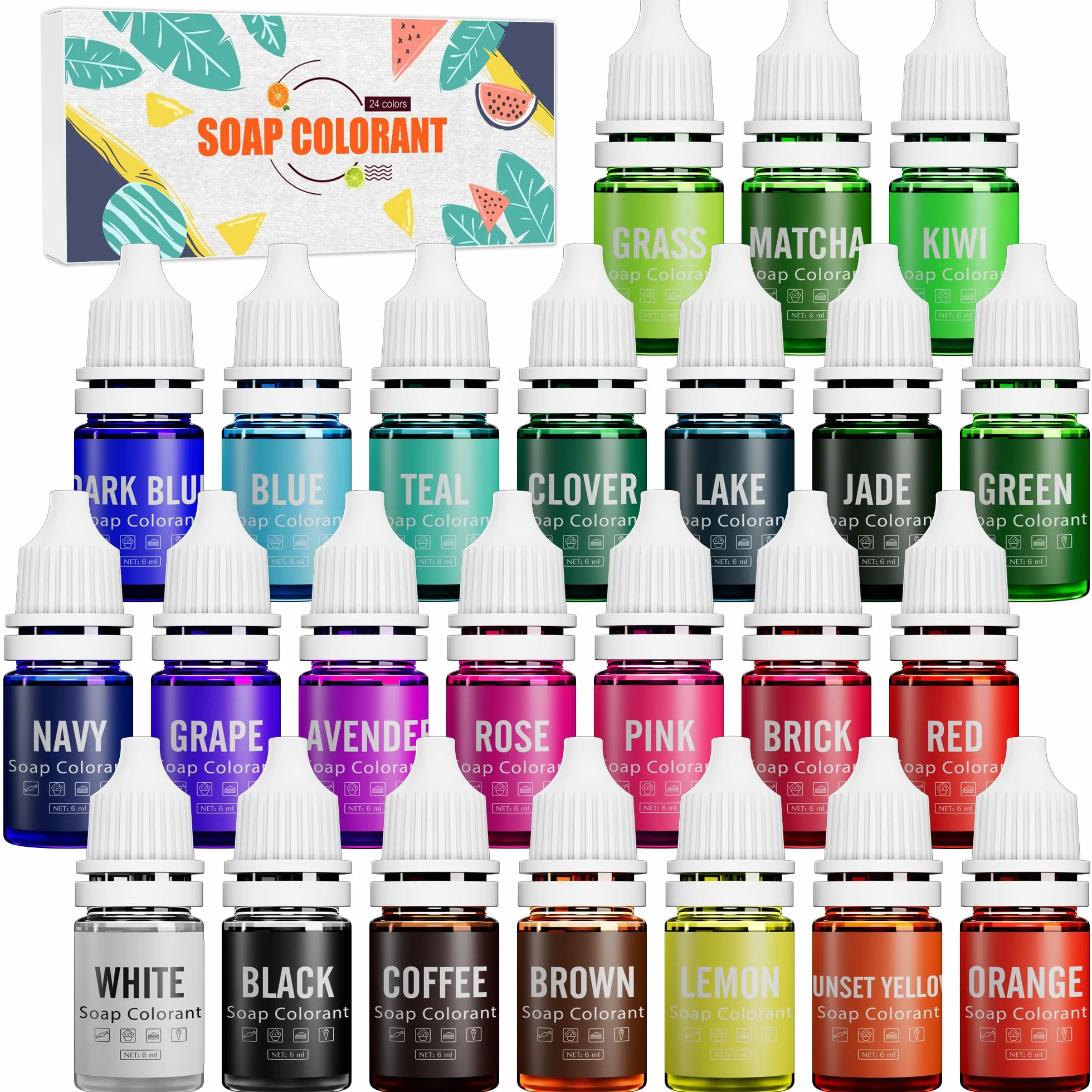 Colorante per Saponi - 24 Colori Coloranti per Sapone Liquido per Produzione di Sapone, Bombe da Bagno - Colorante di Bombe da Bagno concentrato per Saponi Fatti a Mano Fai Da Te, Soaps, Creazioni