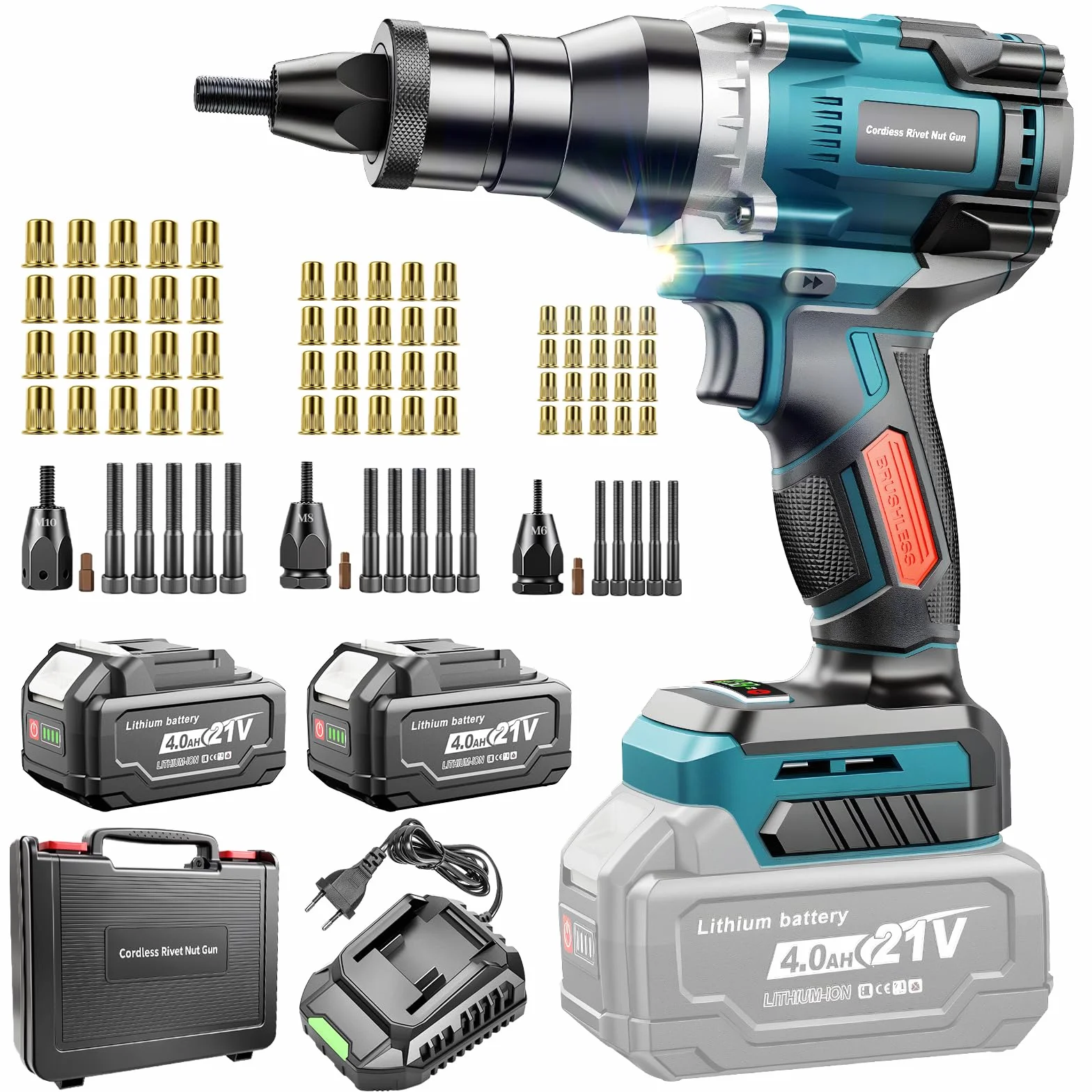 Yofuly Rivettatrice per Inserti Filettati a Batteria Compatibile con Makita 18V Batteria, Pistola Elettrico a Rivetti con 2 Batterie 4.0Ah | Modalità Automatica, con Dadi a Rivetto M6/M8/M10