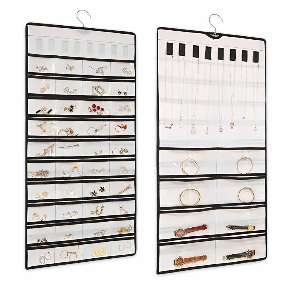 Hanging Jewelry Organizer 48 Scomparti Porta Gioielli da Appendere Armadio 43x78 cm Bianco