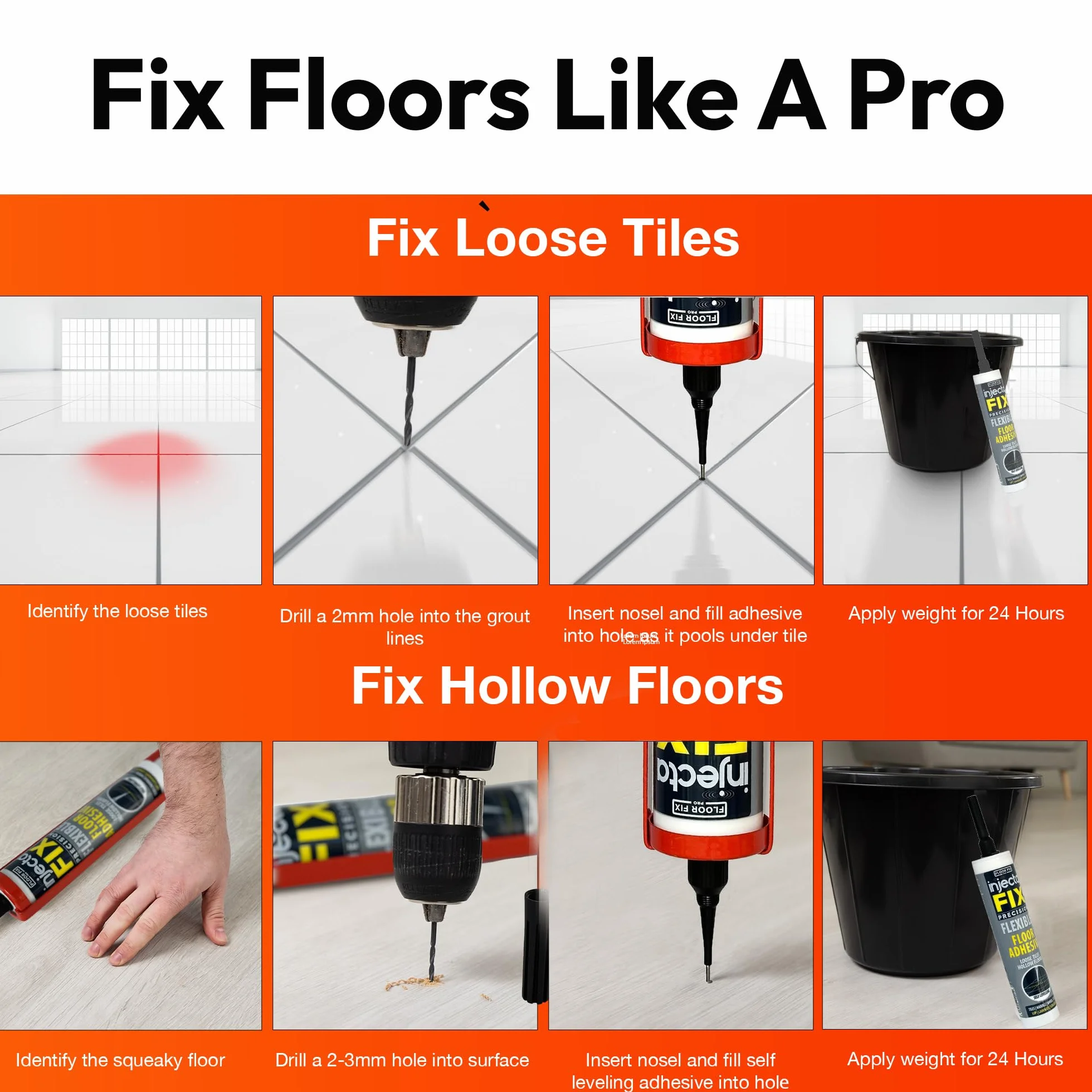 Inject-A-Fix 300 ml Da Floor-Fix Pro - Adesivo Flessibile Autorivestente Forte - Fissa Piastrelle Allentate E Pavimenti Cavi - Include Un Beccuccio Regolabile Precision Da 2 Mm (1) (1)