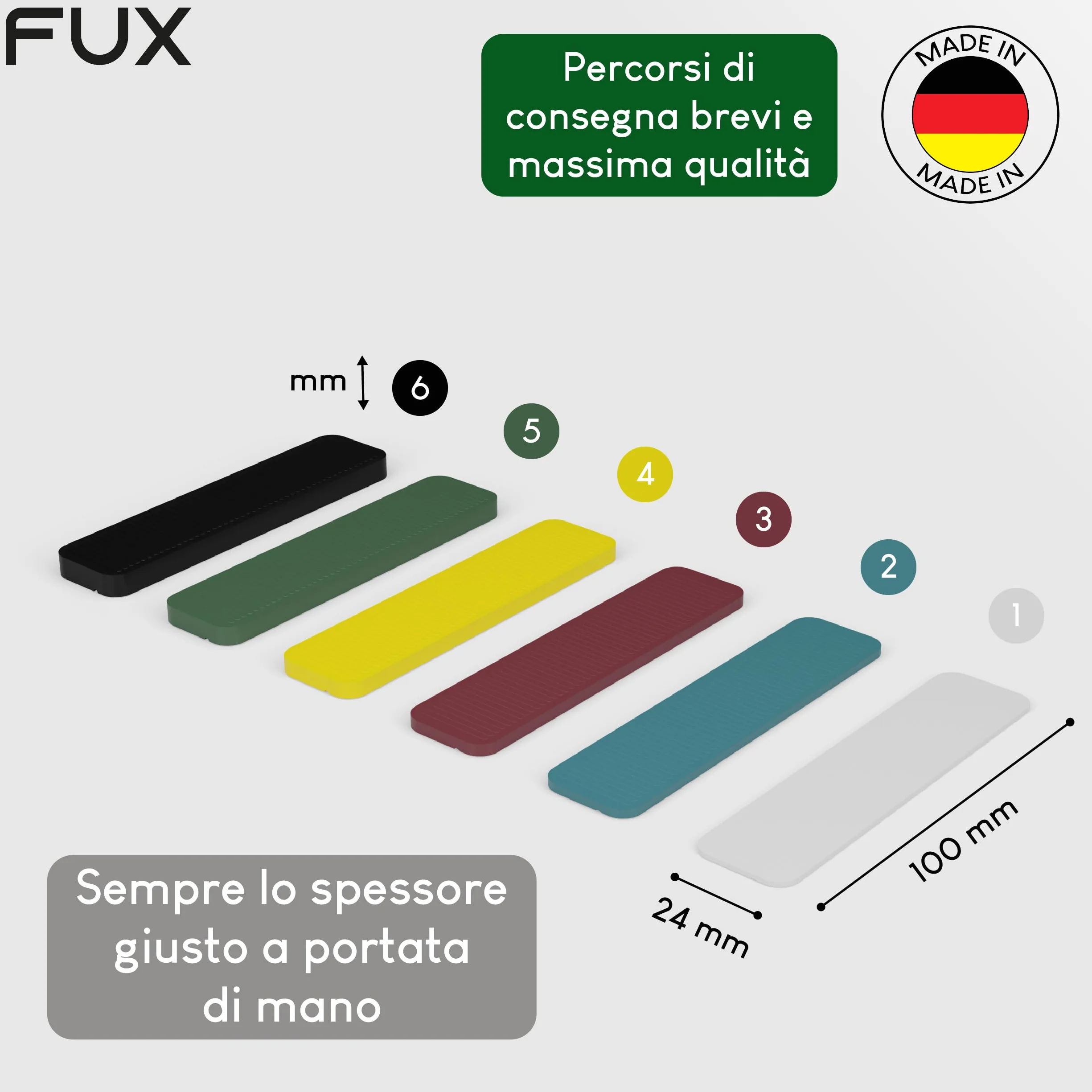 FUX 600 Spessori in Plastica per Mobili - Distanziatori 100x24x1-6mm per Vetri e Piastrelle, Cunei per Parquet - Polipropilene (PP) Resistente - Made in Germany