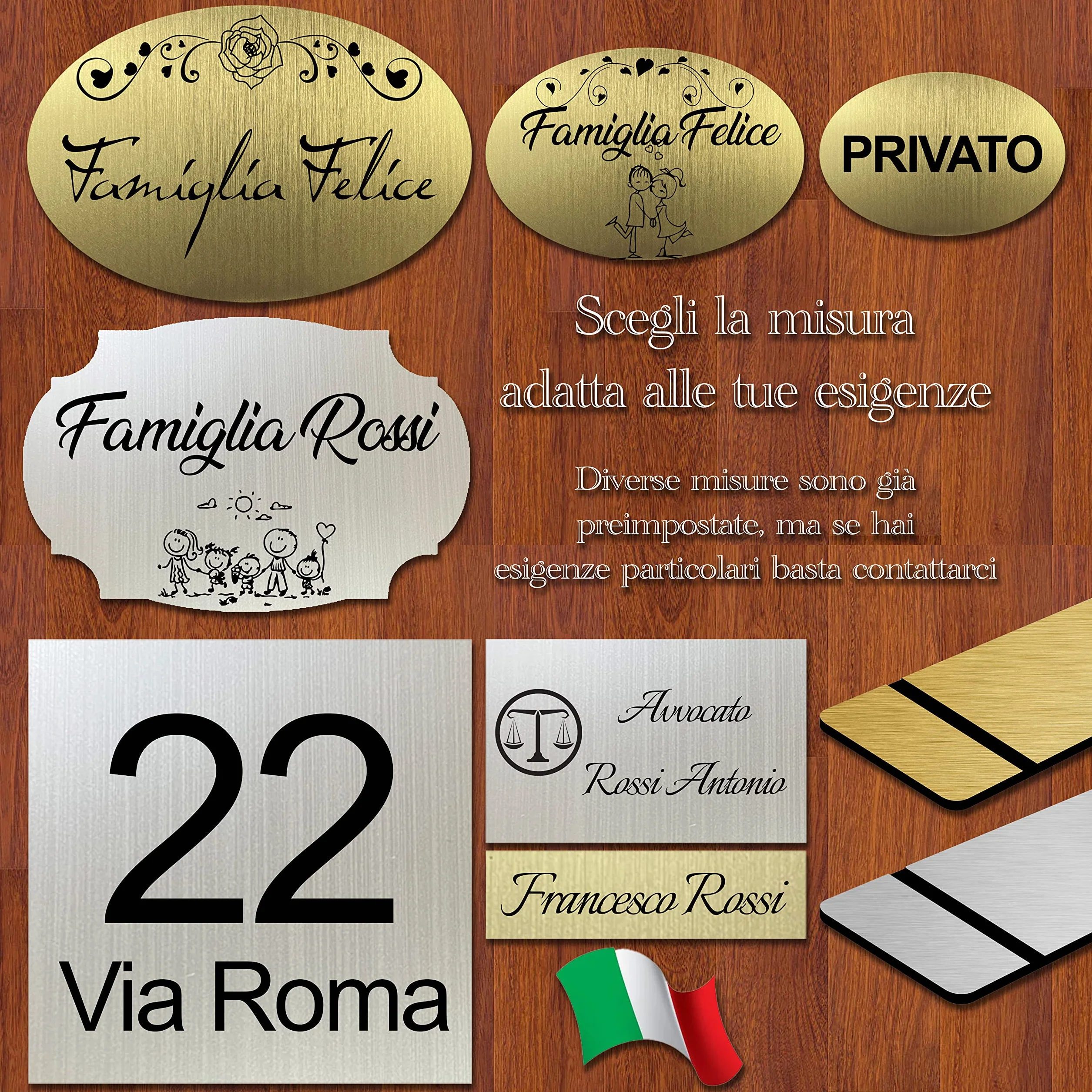 Targa per porta ingresso personalizzabile con nome o indirizzo targhetta fuoriporta di varie forme e misure in laminato plastico personalizzata a laser Oro Spazzolato