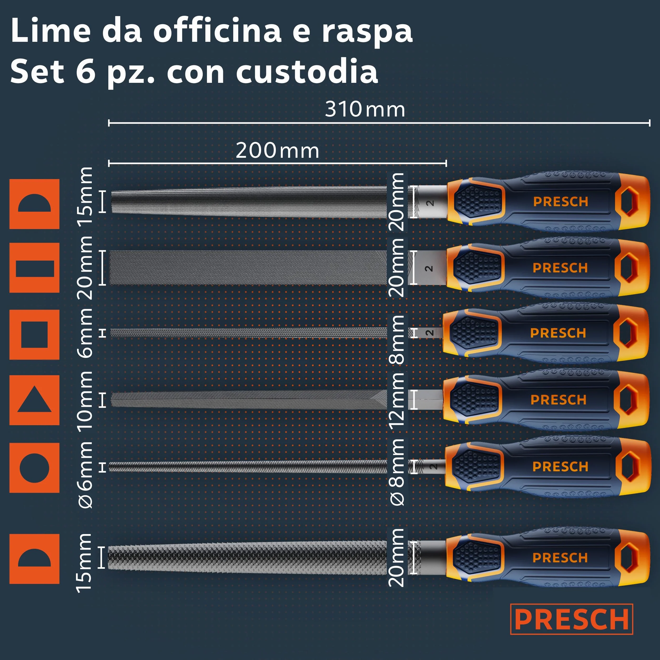 Presch Set di lime per legno e metallo 6 pezzi incl. borsa - Set di lime incl. raspa semitonda, lima piatta per ceppi, lima semitonda, lima rotonda, lima triangolare e lima quadrata