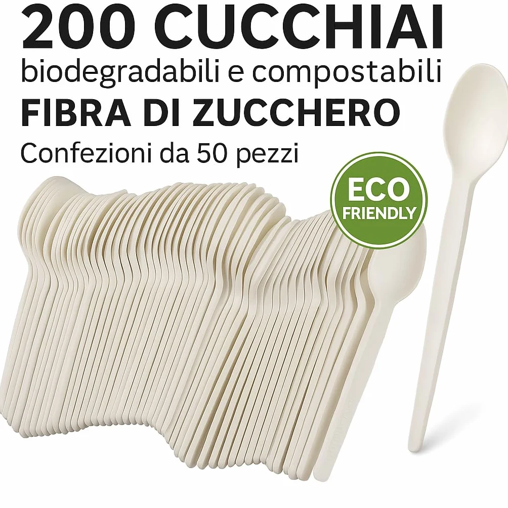 Cucchiai biodegradabili e compostabili in fibra di zucchero bianche 200 pezzi