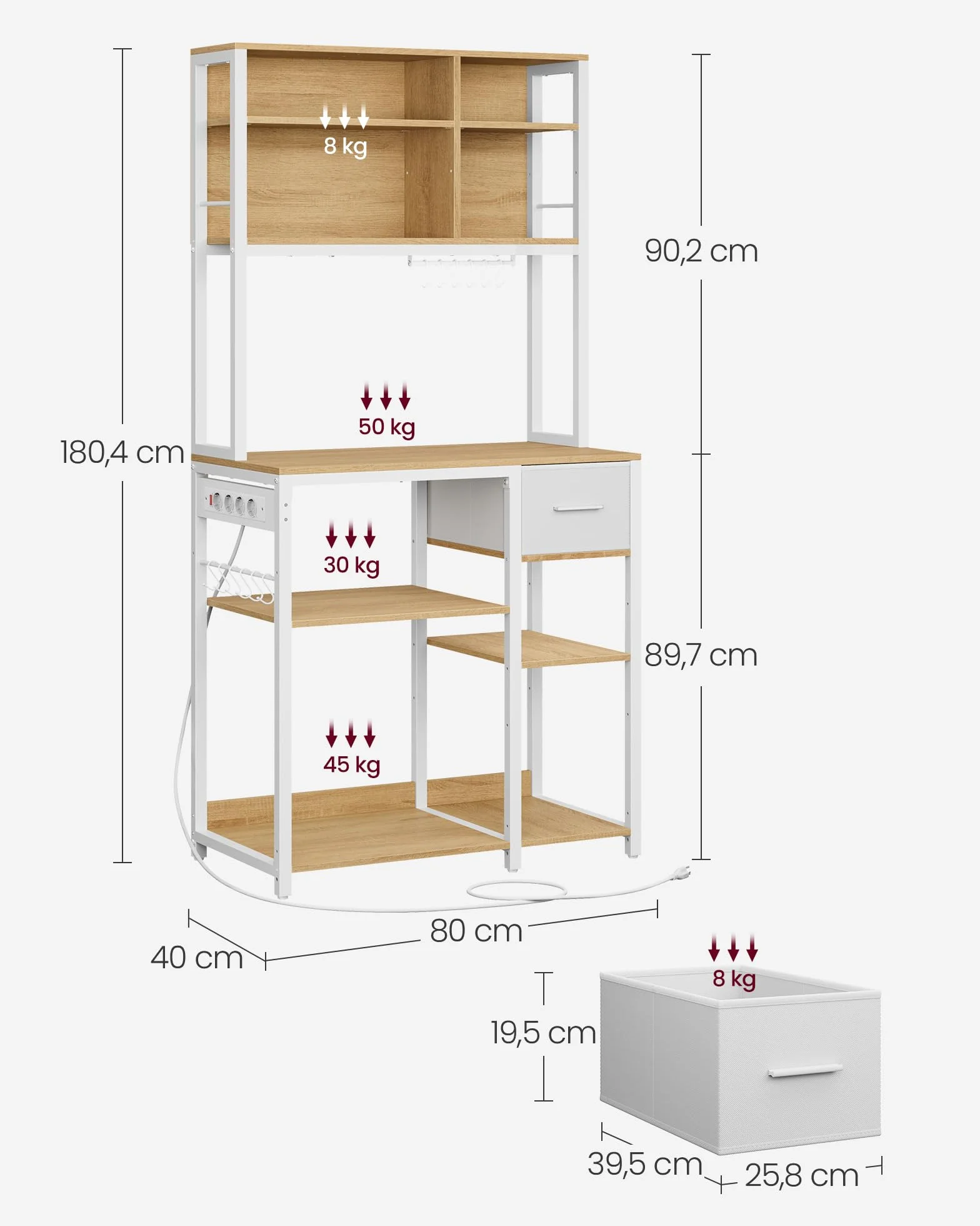 VASAGLE Scaffale Cucina con Multipresa, Mobile Cucina, 40 x 80 x 180,4 cm, Scaffale per Microonde, Ripiani Regolabili, Cassetto in Tessuto, 12 Ganci, Rovere Dorato e Bianco Nuvola KKS015Y02
