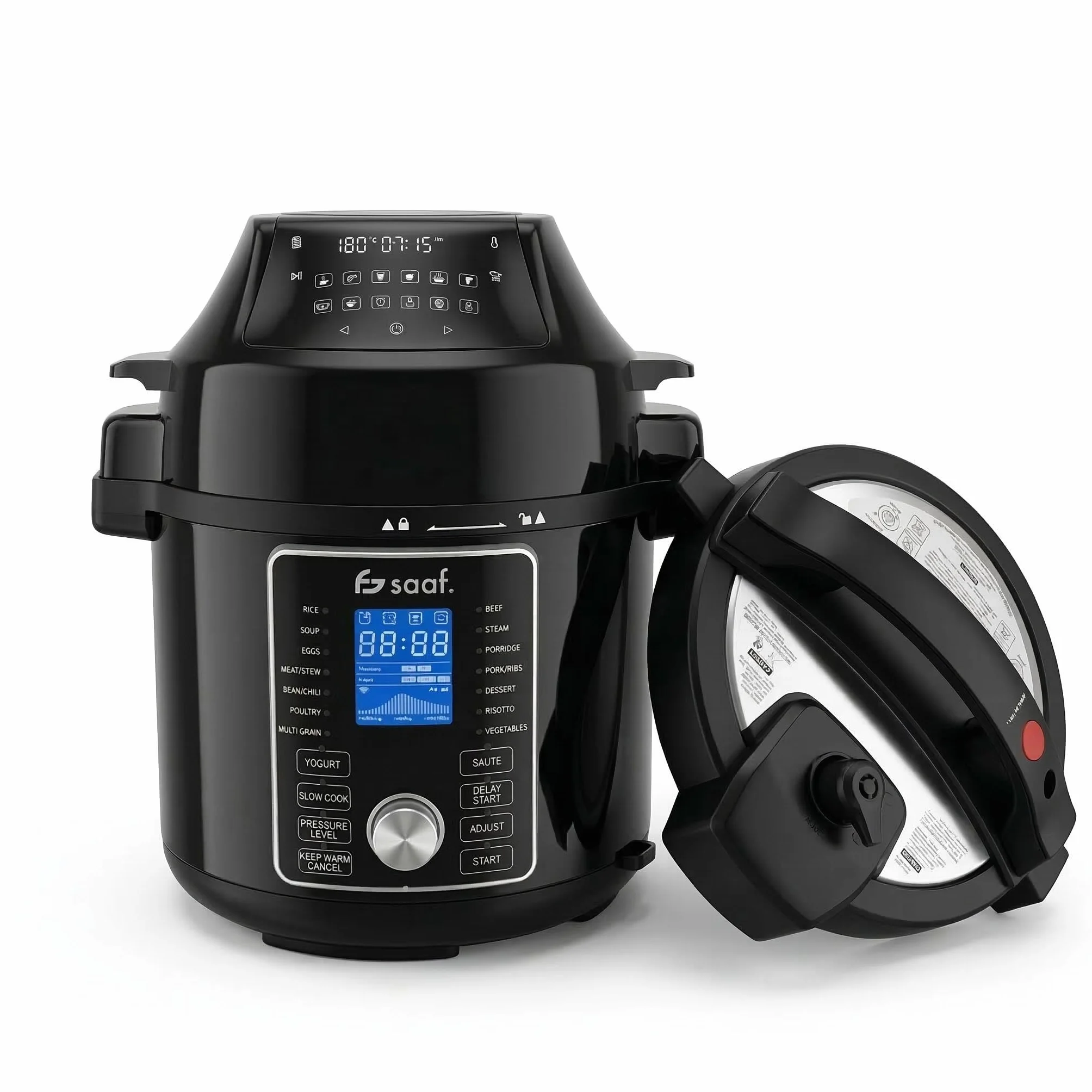 Saaf Multicooker con Airfryer – Set da 15 Pezzi – 24 Programmi – Slowcooker, Cuociriso, Vaporizzatore & Pentola a Pressione – 6L – Include Cestello, Pentola & Ricettario – Display Digitale