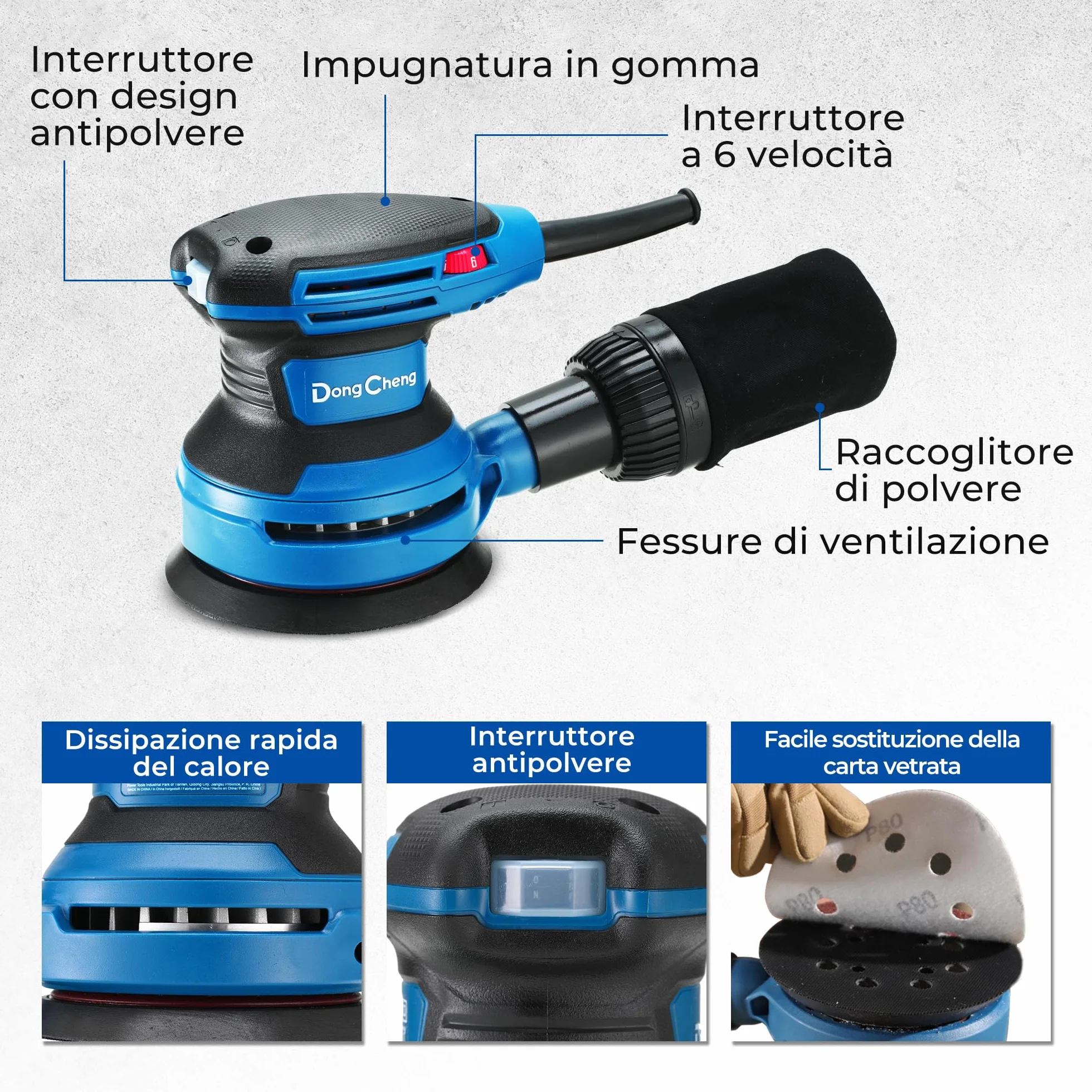 Dong Cheng Levigatrice eccentrica 380 W 125 mm 6 vel. 8000-12800 giri/min con depolveratore 20 dischi abrasivi