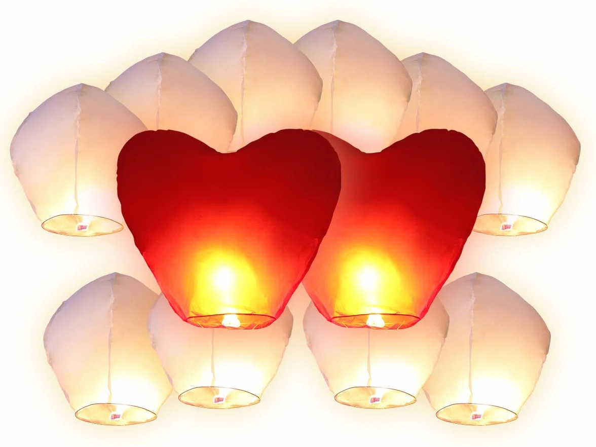 12 PZ Lanterne cinesi volanti (10 PZ lanterne bianchi + 2 PZ lanterne cuori rossi giganti) Lanterna Cinese Volante del cielo regalo di compleanno matrimonio San Valentino romantico serata romantica uomo donna sorpresa per bambino bambini festa spettacolo