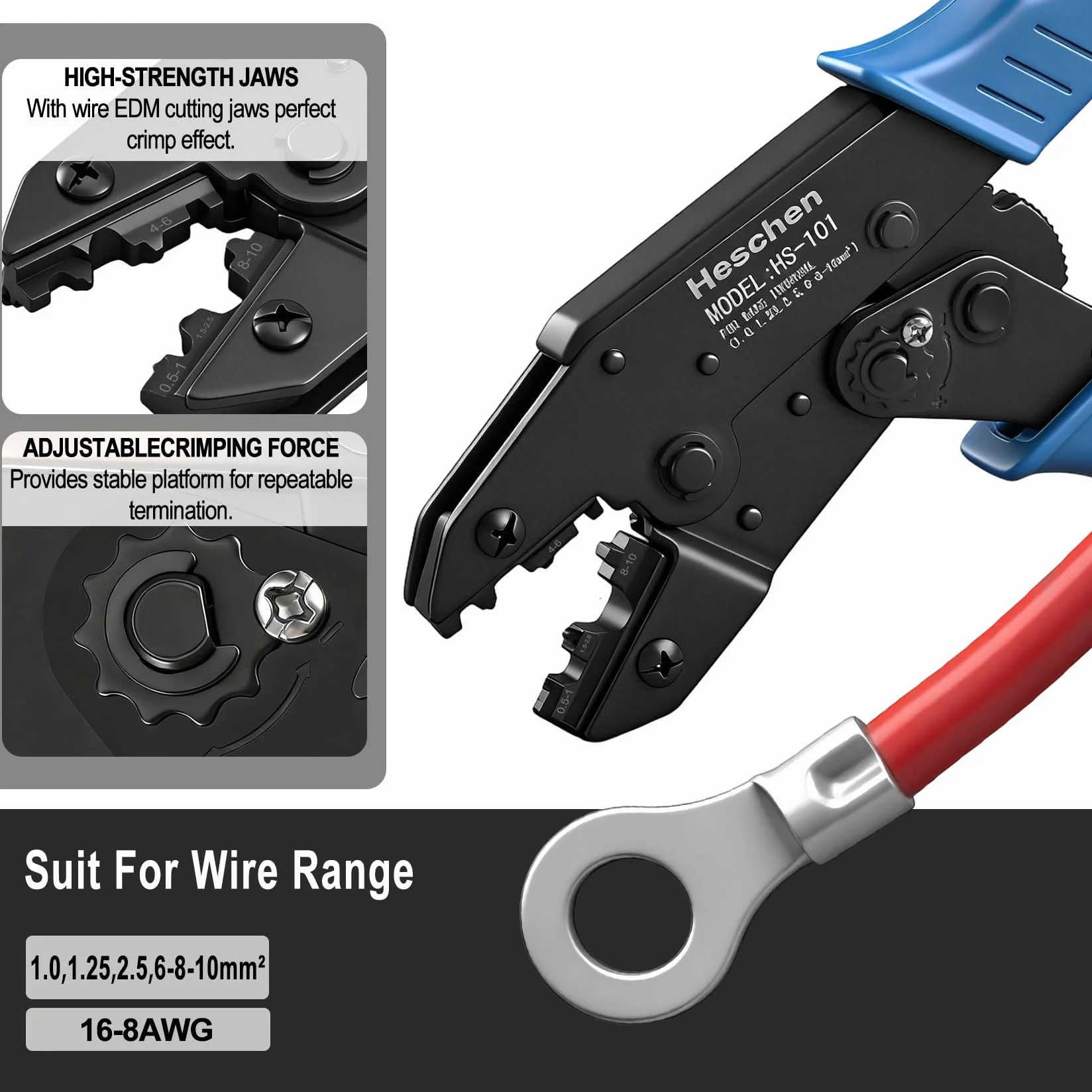 Heschen Pinza per cricchetti a catena HS-101 Terminali per cavi non isolati Strumenti per crimpare Utilizzare per 1,5-10 mm² (15-7 AWG) Blu