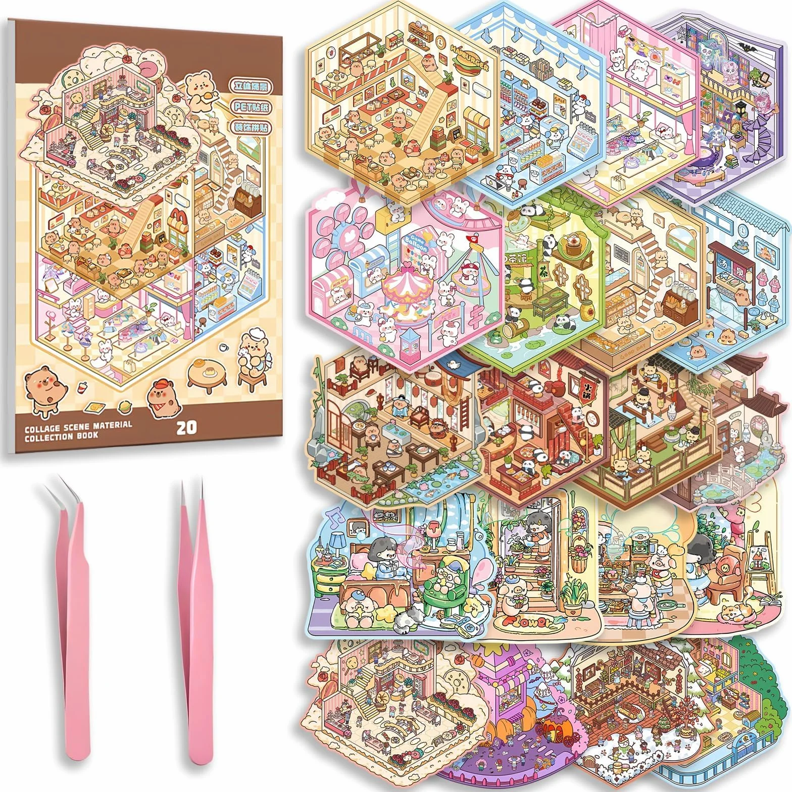 20 Set Adesivi 3D per Scena in Miniatura, Libro DIY Sticker Scene Casa, Scene Carine Café Libreria Parco, Adesivi Fai da Te per Adulti e Principianti con Pinzette, Sticker Therapy Antistress Creativa