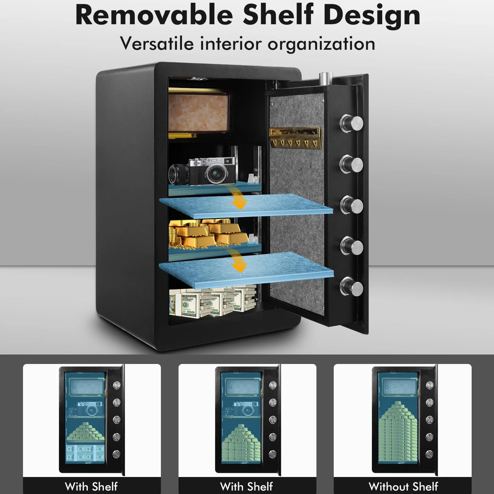 Sararoom Cassaforte in acciaio, 73 l, sicurezza per casa, cassaforte per mobili, cassaforte per hotel, 60 x 32 x 38 cm, con blocco tastiera digitale, ripiano rimovibile, ignifugo, impermeabile per