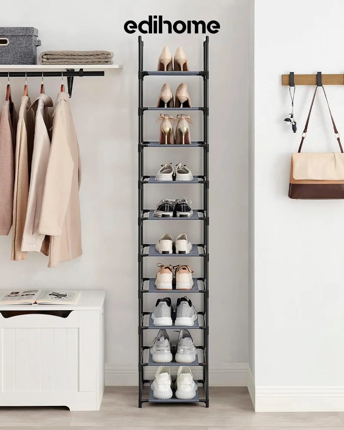 Scarpiera Slim 10 Livelli 33x33x173 cm Organizzatore di Scarpe Portascarpe Alto Stretto Plastica Verticale