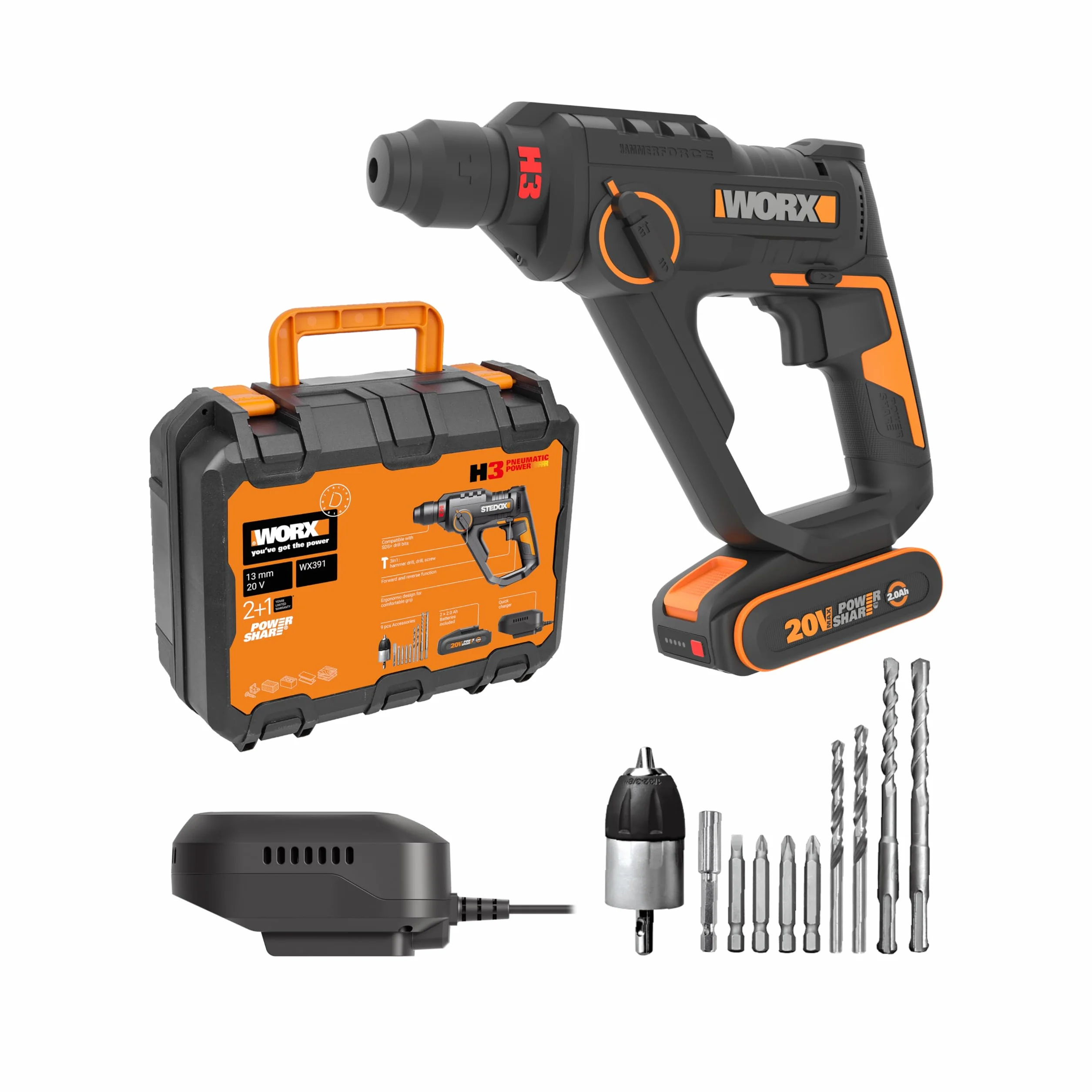 WORX Martello perforatore senza fili 20 V 1,2 J WX391, foratura rapida in calcestruzzo, 3 funzioni in 1, fornito con 10 punte per calcestruzzo, legno e metallo, batteria 2 Ah e caricatore rapido 2 A