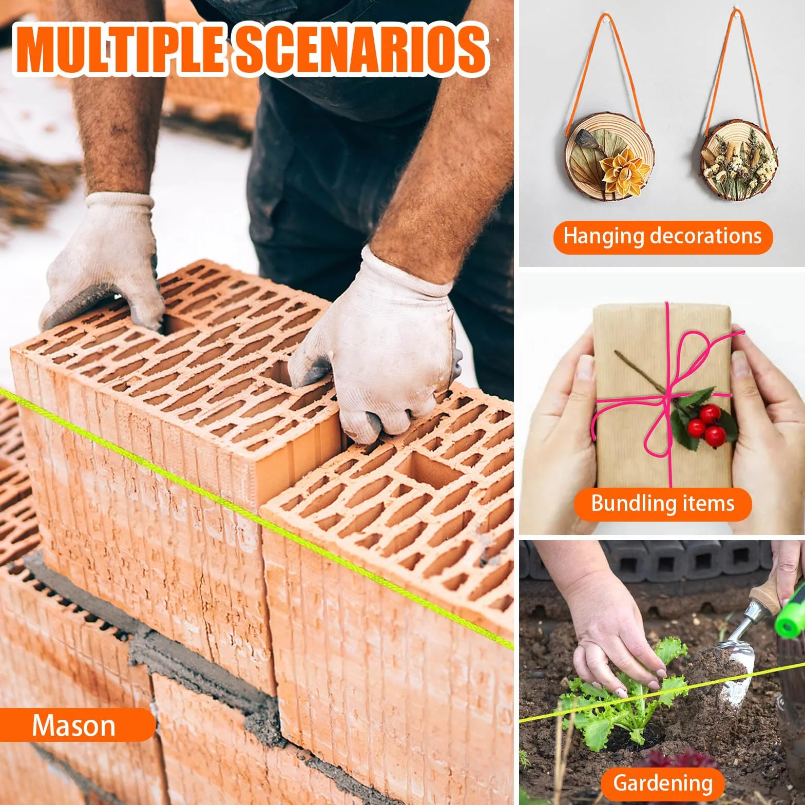 Yitexin 3 Rotoli di Filo per Edilizia Lenza Muratore con Impugnatura, 18 Filo Muratura in Nylon Intrecciato da 45,72 m, Corda da Muratore per Allineamento Pavimenti (arancione, rosa e verde)
