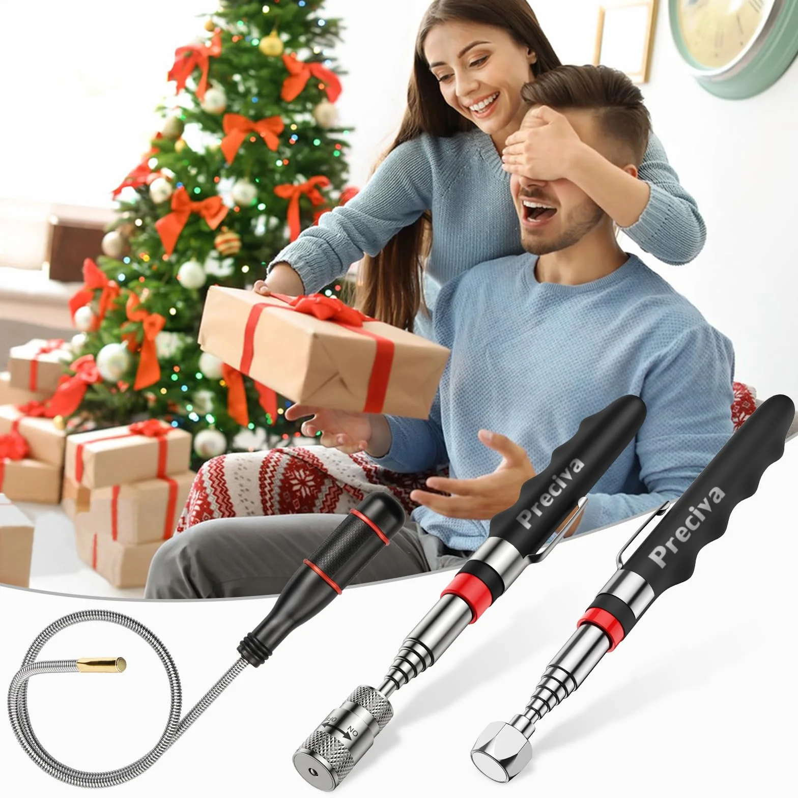 Spazzatrici Magnetiche Preciva，Set di 3 pezzi sollevatore telescopico flessibile a LED, strumento di raccolta magnetico portatile, magnetico potente, strumenti meccanici da uomo