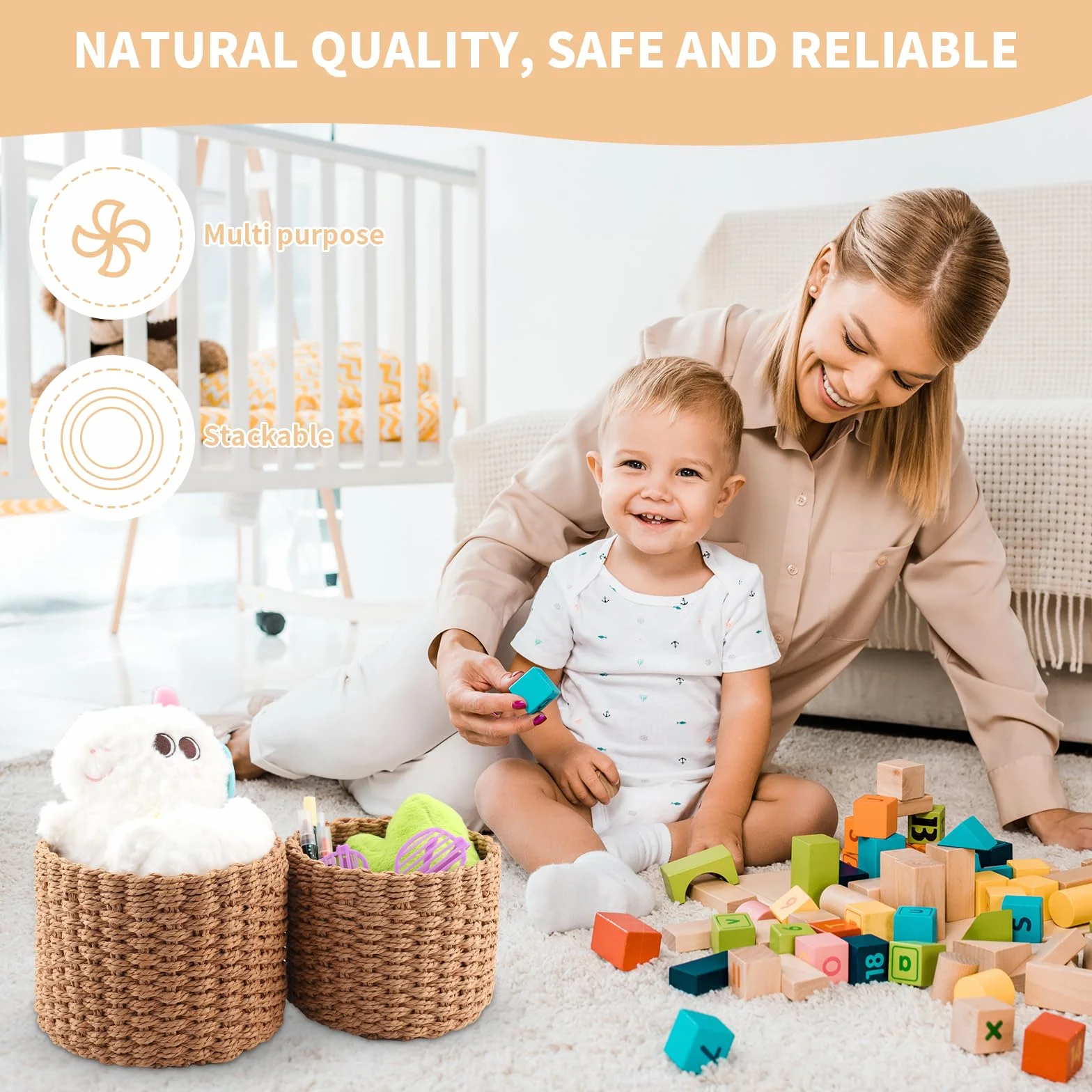 Cestino Portaoggetti, Set di 3 Cestino Rotondo Intrecciato, Cesto Portabiancheria Bambini Adatto per Camere da Letto Bagni Può Essere Utilizzato Come Cesto Regalo Vuoto Vesto Pannolino