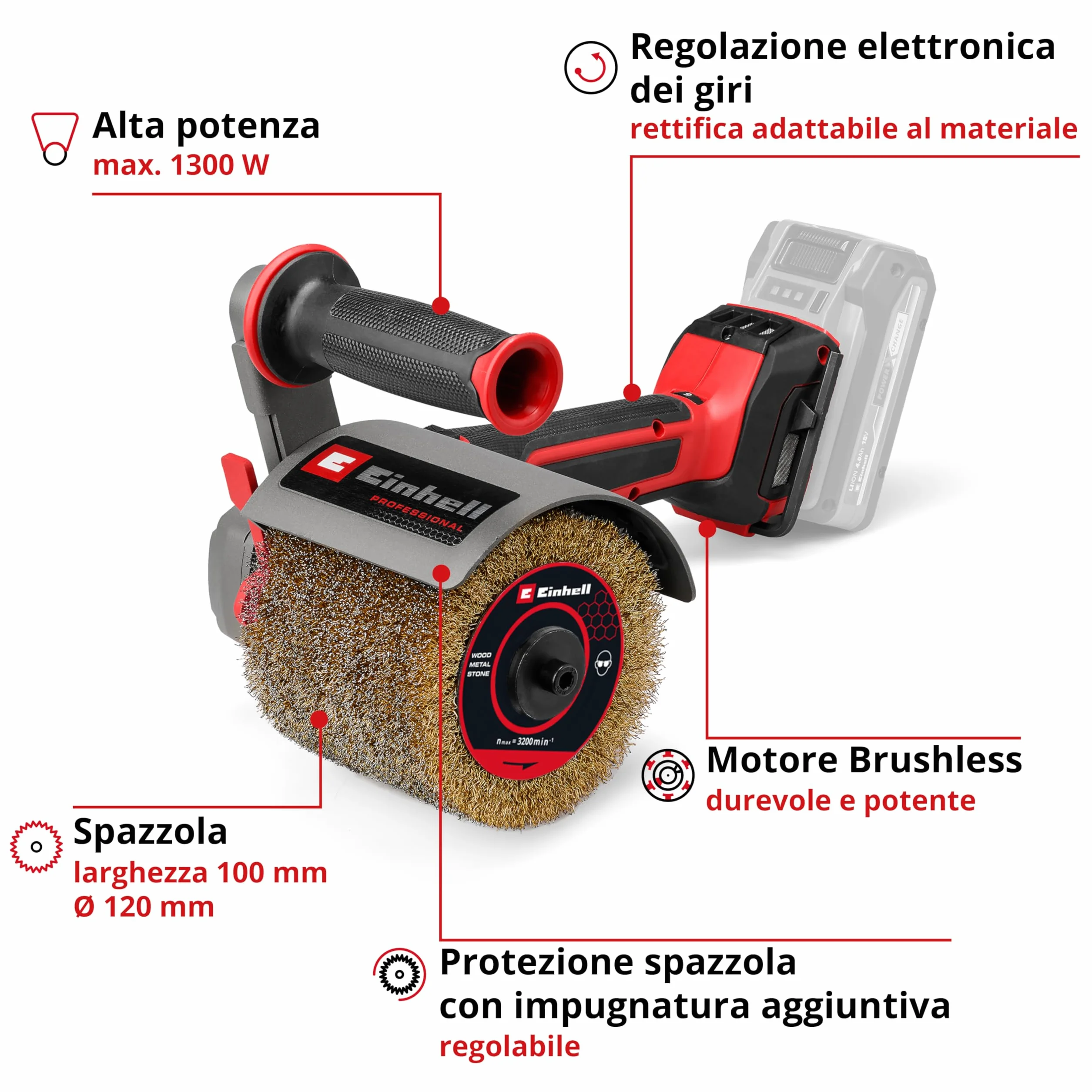 Levigatrice a spazzola Einhell Professional TP-BR 18/32 Li BL-Solo PXC 18 V 1300 W Brushless 3200 giri/min 120 mm