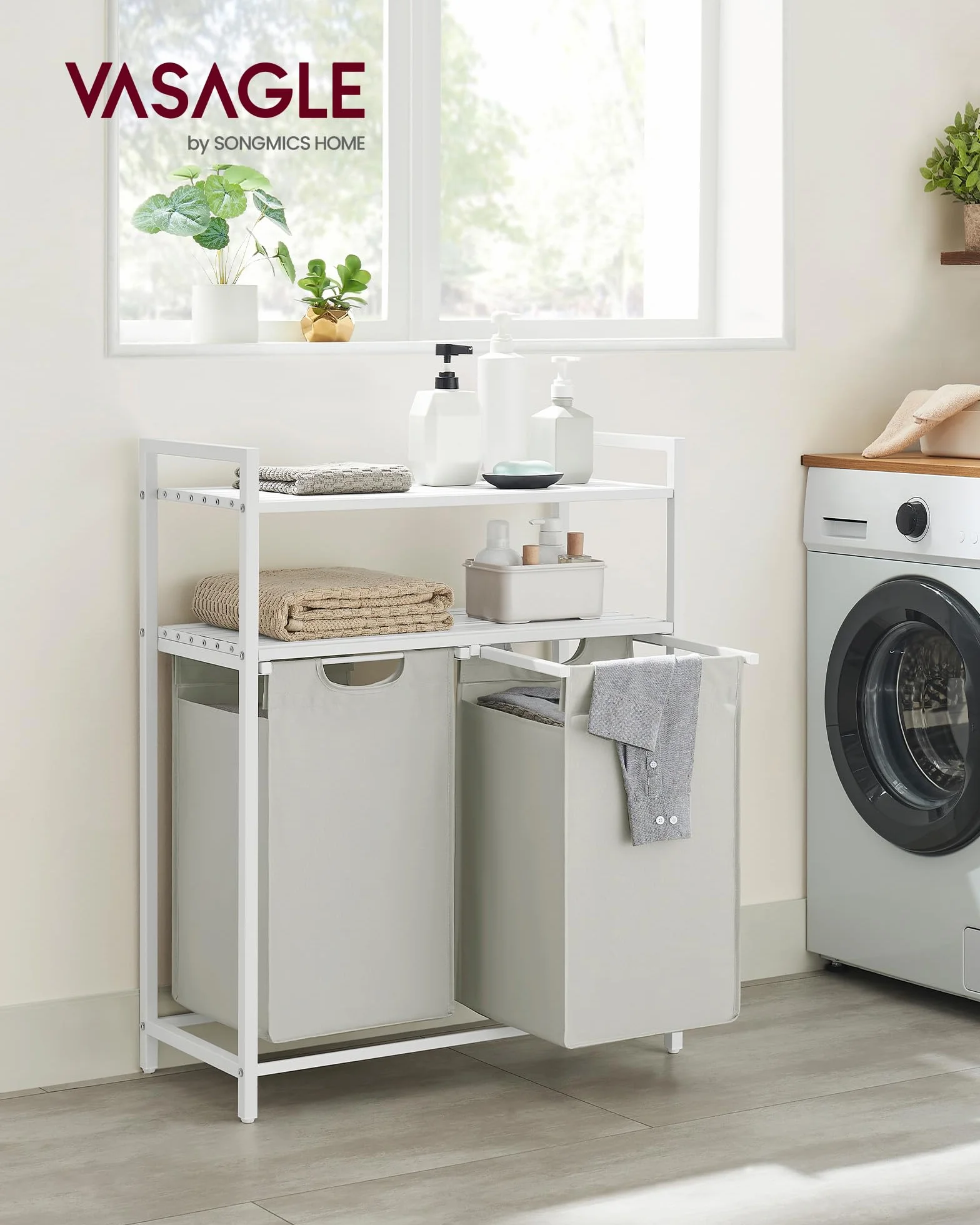 VASAGLE Cesto Portabiancheria, Porta Biancheria con 2 Sacchi Estraibili e Rimovibili, 2 Ripiani Portaoggetti, 46L per Sacco, per Bagno, Lavanderia, Bianco BLH211W01