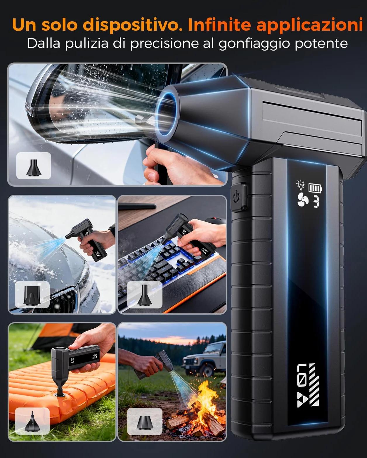 Soffiatore a Batteria – Mini Soffiatore Aria Compressa 200.000 giri/min, 10.500 mAh, per Pulizia PC & Tastiera, LED, Display Intelligente, Ricarica USB-C