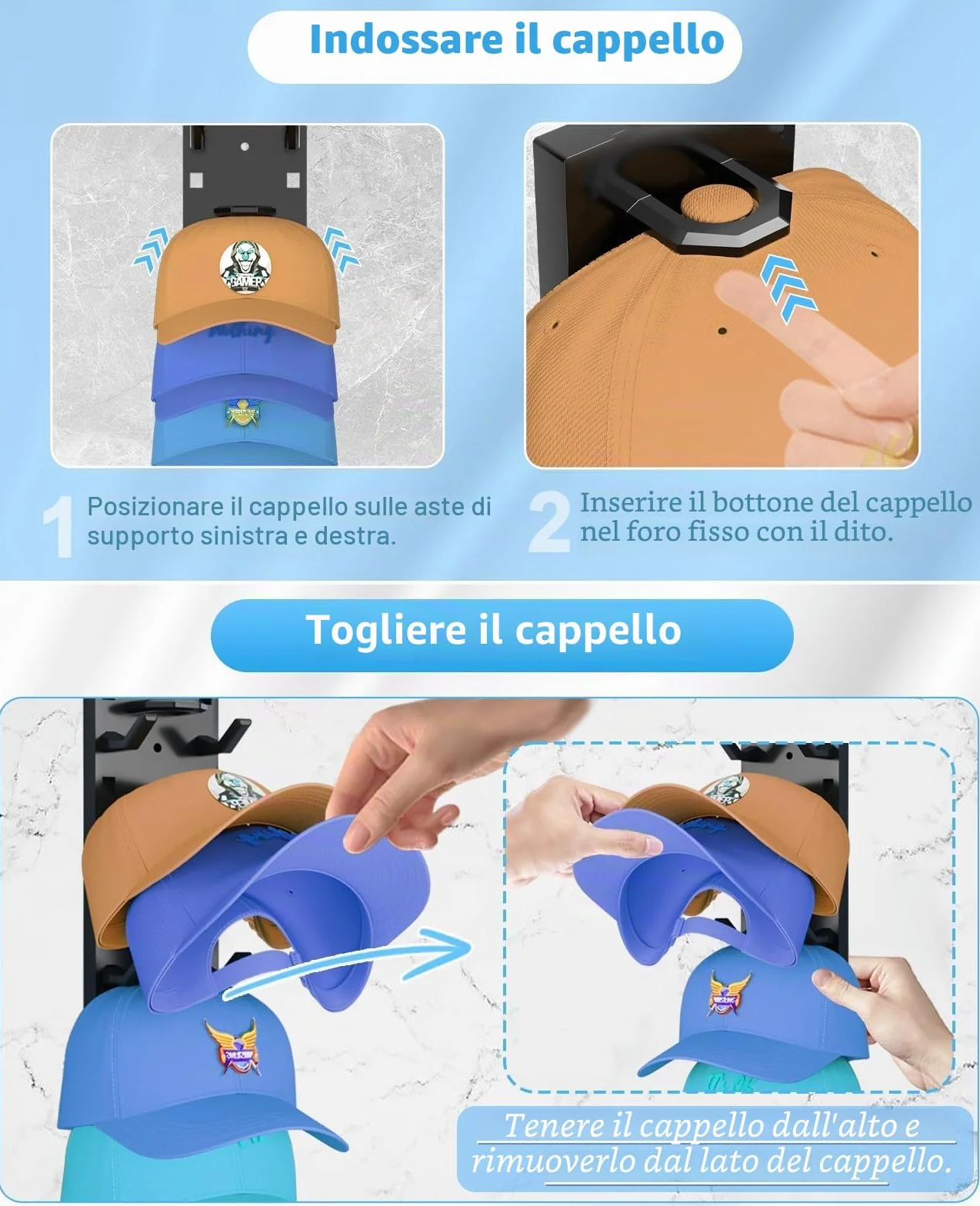 Supporti autoadesivi per cappelli fino a 18 cappelli, supporto da parete, nero
