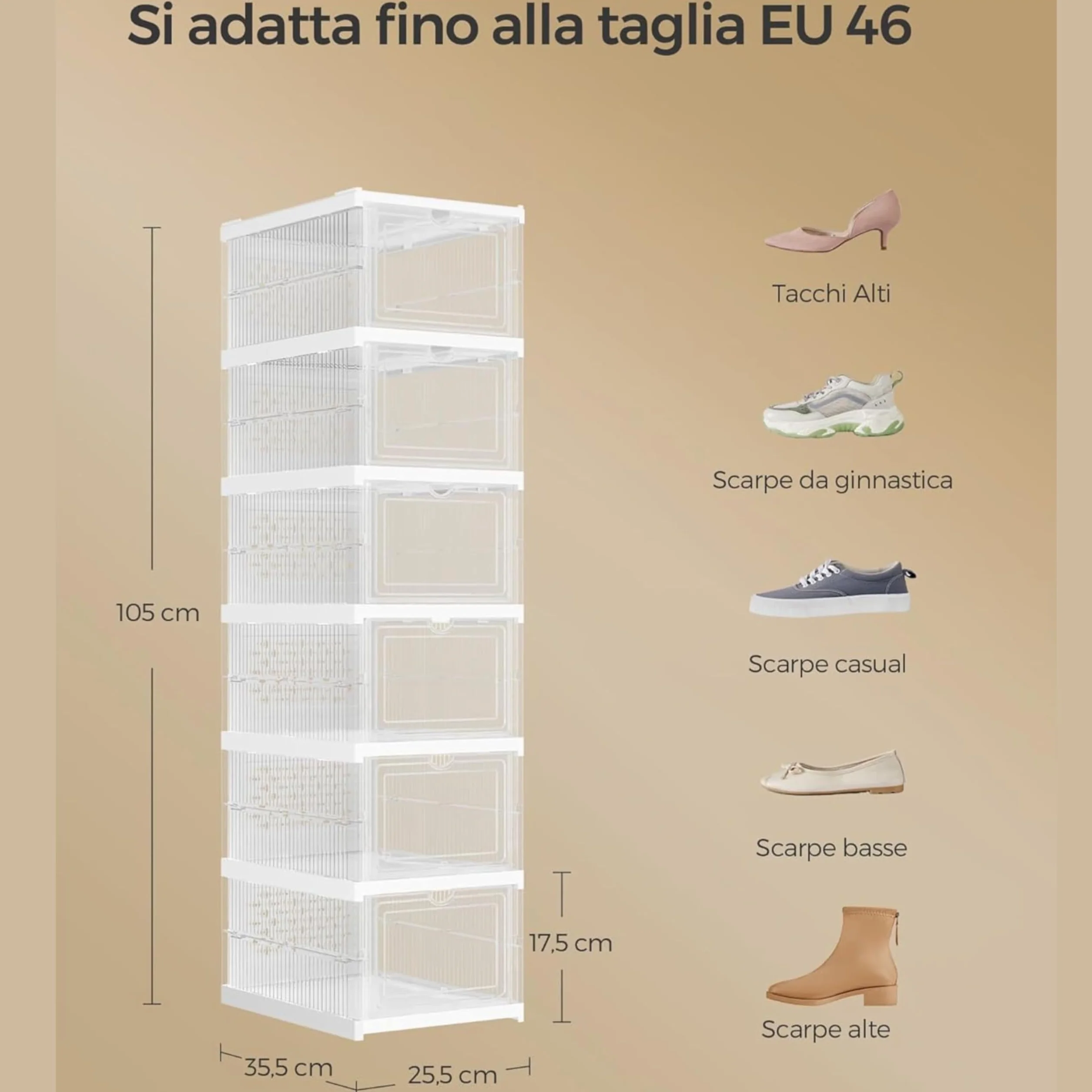 YASTA Scarpiera Armadio Salvaspazio in Plastica Pieghevole 6 Ripiani Porta Scarpe Antipolvere 35,5x25,5x105 cm