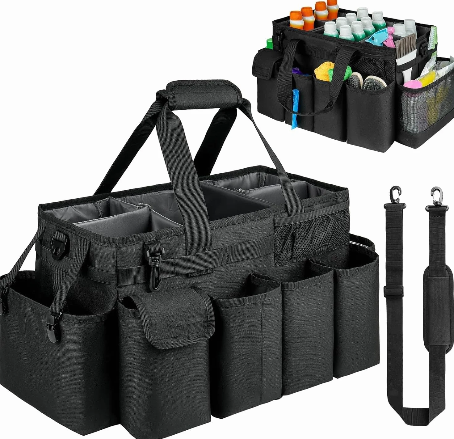 Borsa portaoggetti XL per la pulizia, organizer con manico, nero