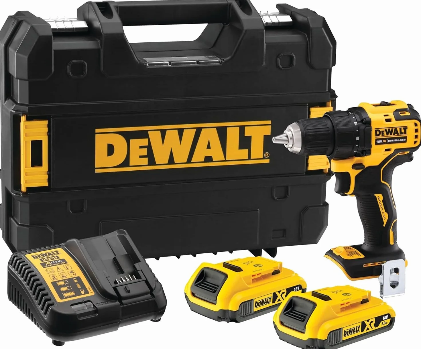DEWALT Trapano avvitatore 18V XR senza spazzole con 2 batterie al litio da 2Ah e caricabatterie, DCD708D2T-QW