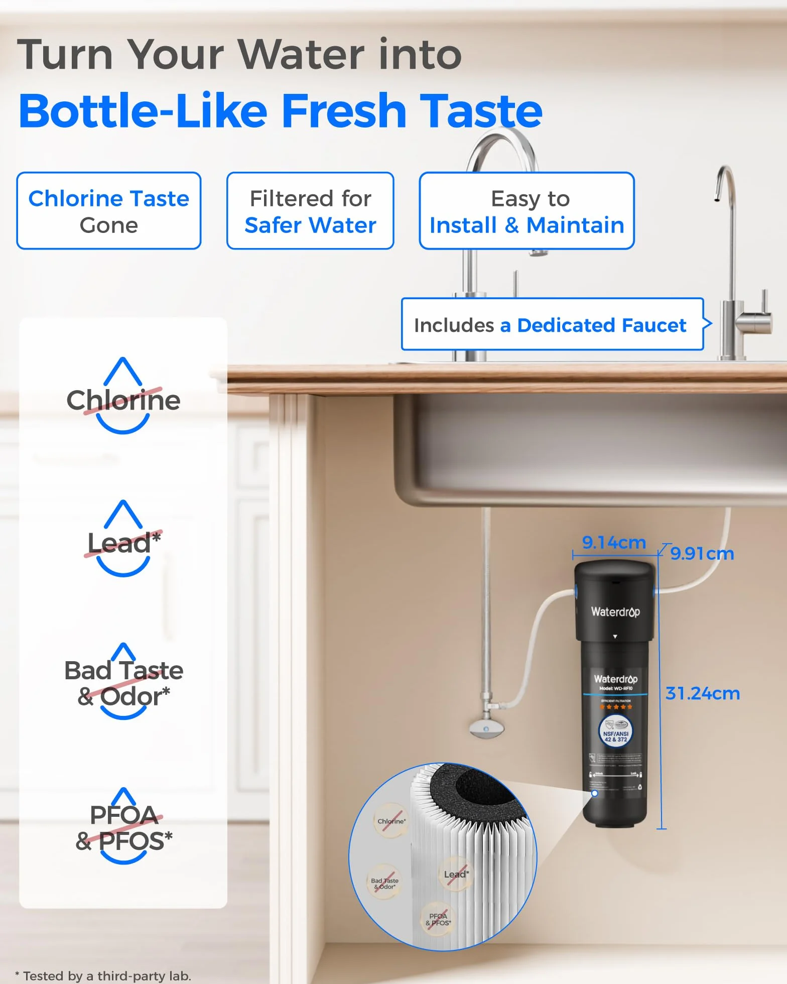 Waterdrop 10UB Filtro Acqua Sistema con Rubinetto Dedicato Goccia, Depuratore Acqua Domestico per 11000 Galloni, Certificato da NSF/ANSI 42, Rimuove 99.99% di Piombo, Cloro, Cattivo