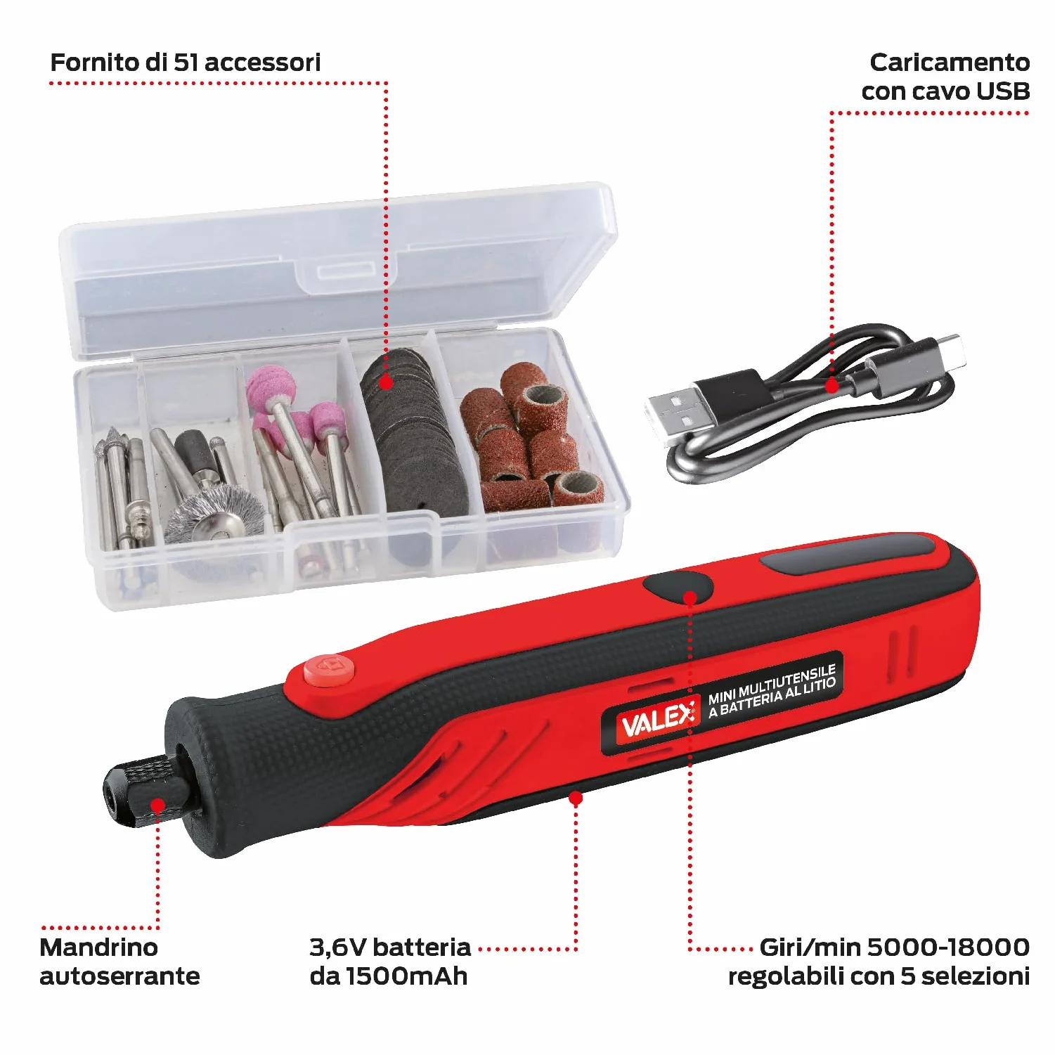 Valex Mini Multiutensile A Stelo A Batteria Al Litio 3,6V, 51 accessori inclusi, 5000-18000 Giri/min regolabili con 5 selezioni, ricarica usb
