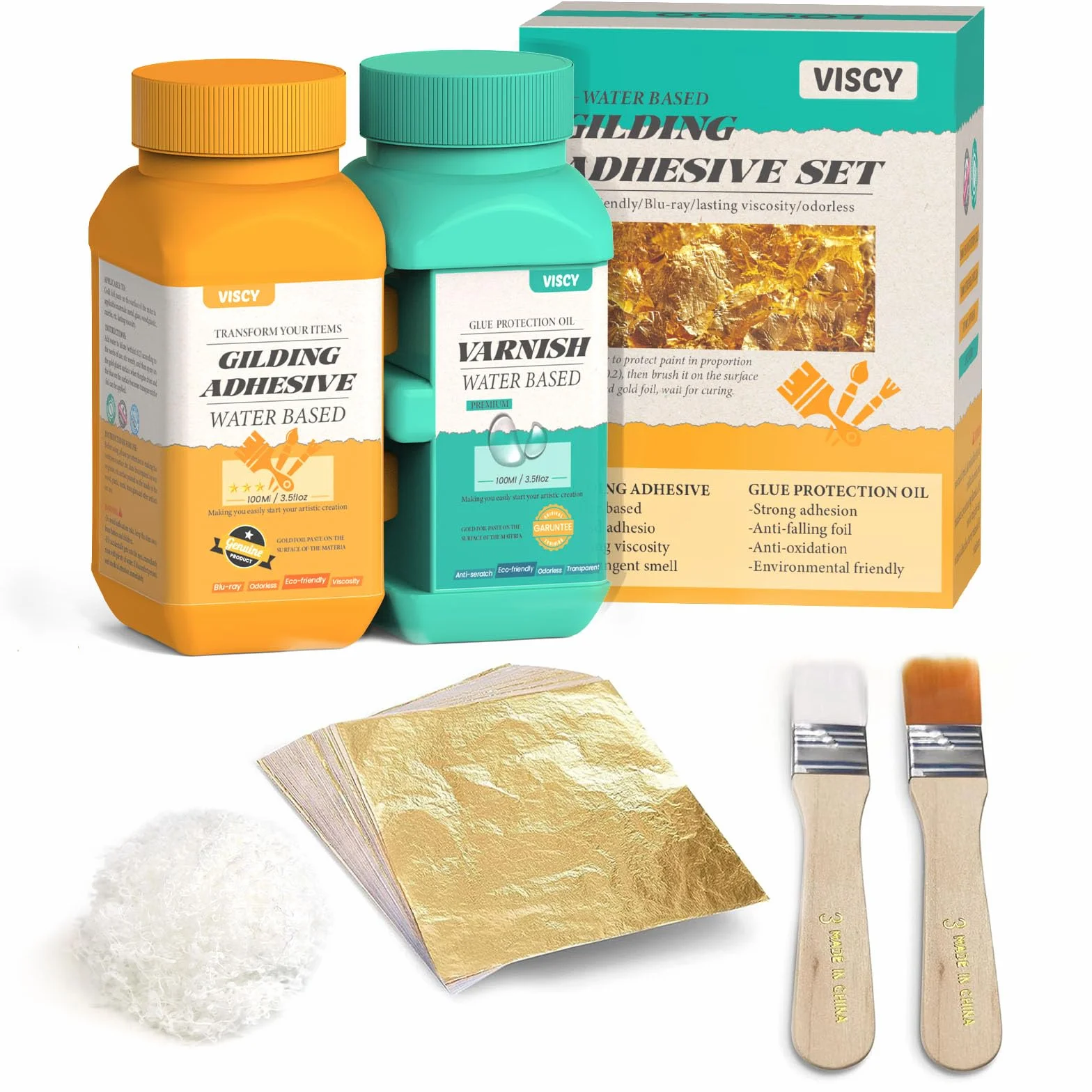 Adesivo per Foglia d'Oro, 100 ml di Colla, 100 ml di Vernice, 100 Pezzi di Foglia d'Oro, 2 Pennelli, Cotone per Pulire, per Arte, Artigianato e Pittura