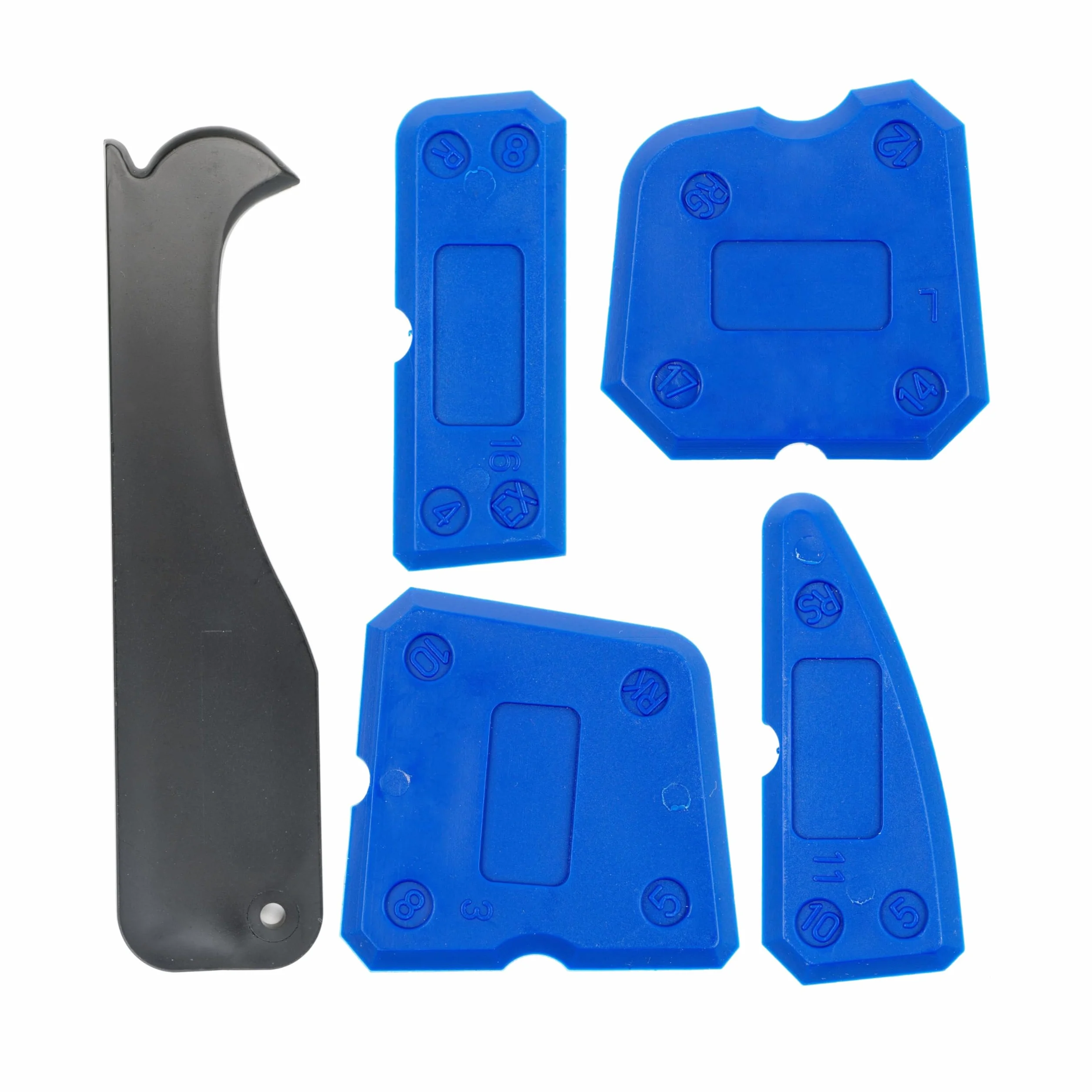 Utensili per rifinire giunti in silicone con istruzioni, Set di 5, attrezzo per silicone sigillante di diverse forme e dimensioni, spatola flexible per sigillare fughe e giunti di cucina e bagno