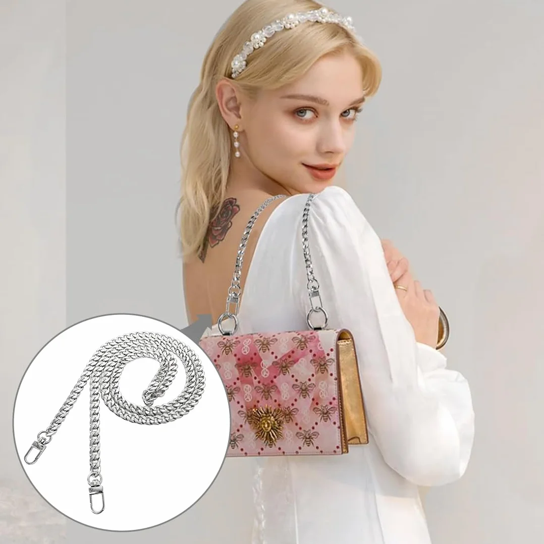 3 Pezzi Catena per Borsa a Tracolla Set, per Borsa in Metallo, Tracolla per Borse, Sostituzione Cinghia a Spalla, per Portafoglio con Fibbie - 40/60/120cm, Argenteo