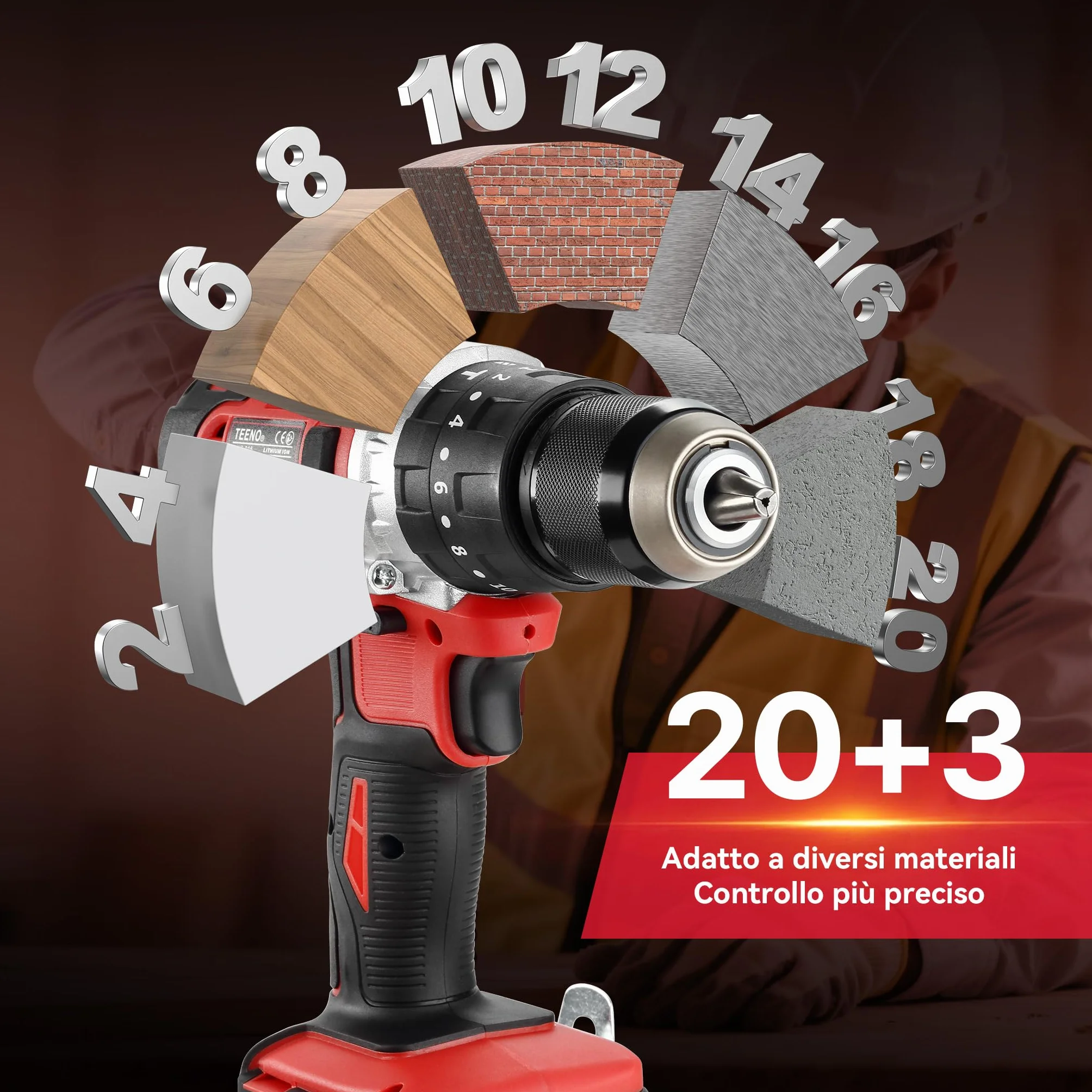 TEENO Trapano Avvitatore a Batteria 20V, Avvitatore Elettrico 45Nm con 2 Batterie 2,0Ah, Trapano a Percussione con 20+3 Regolazioni di Coppia, 2 Velocità, Mandrino 13mm, LED, Valigetta e Accessori