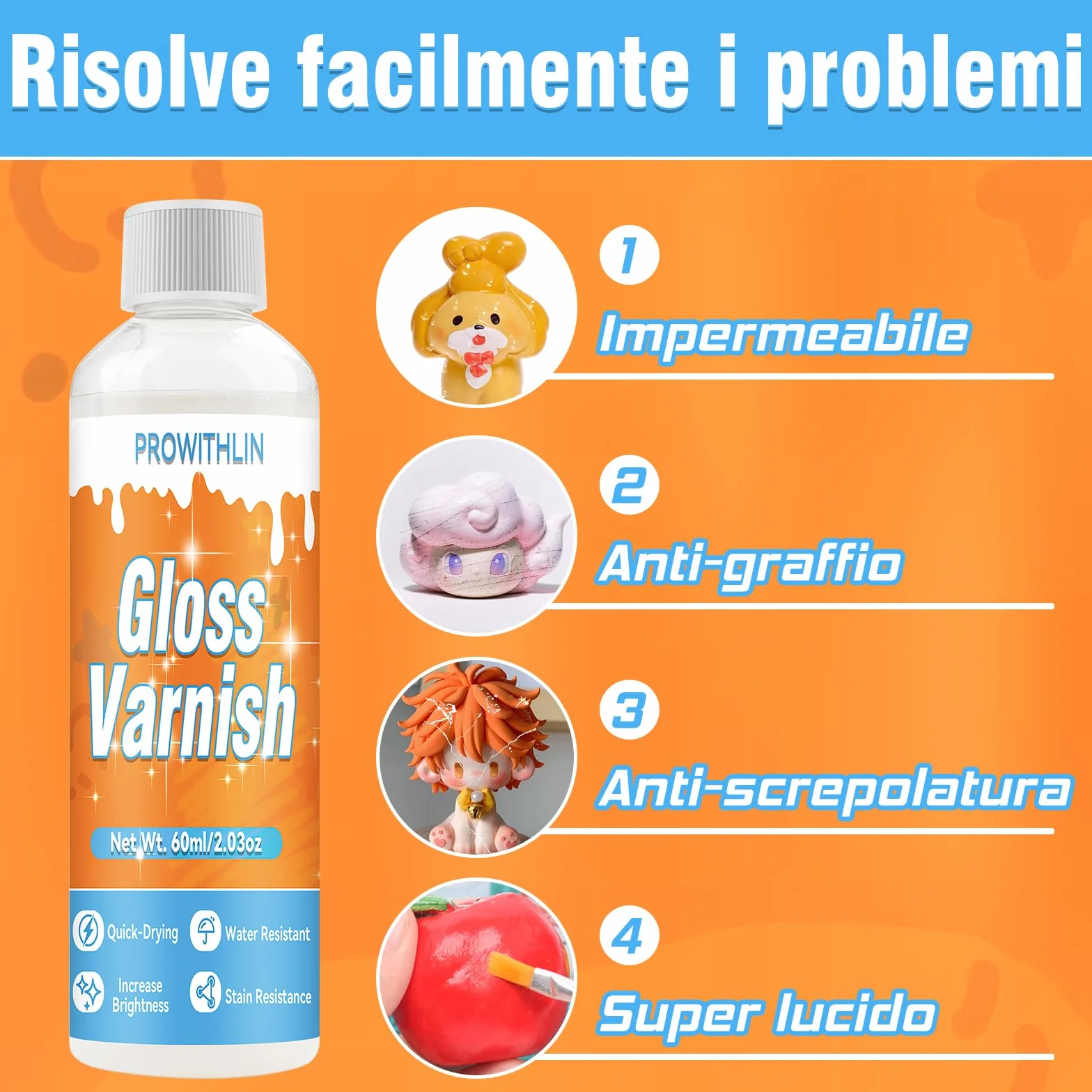 prowithlin - Vernice Trasparente Lucida per Argilla a Secco - Vernice per Ceramica, Legno, Pittura ad Olio - Resistente all'Acqua, Graffi e Usura - 60ml con 2 Pennelli