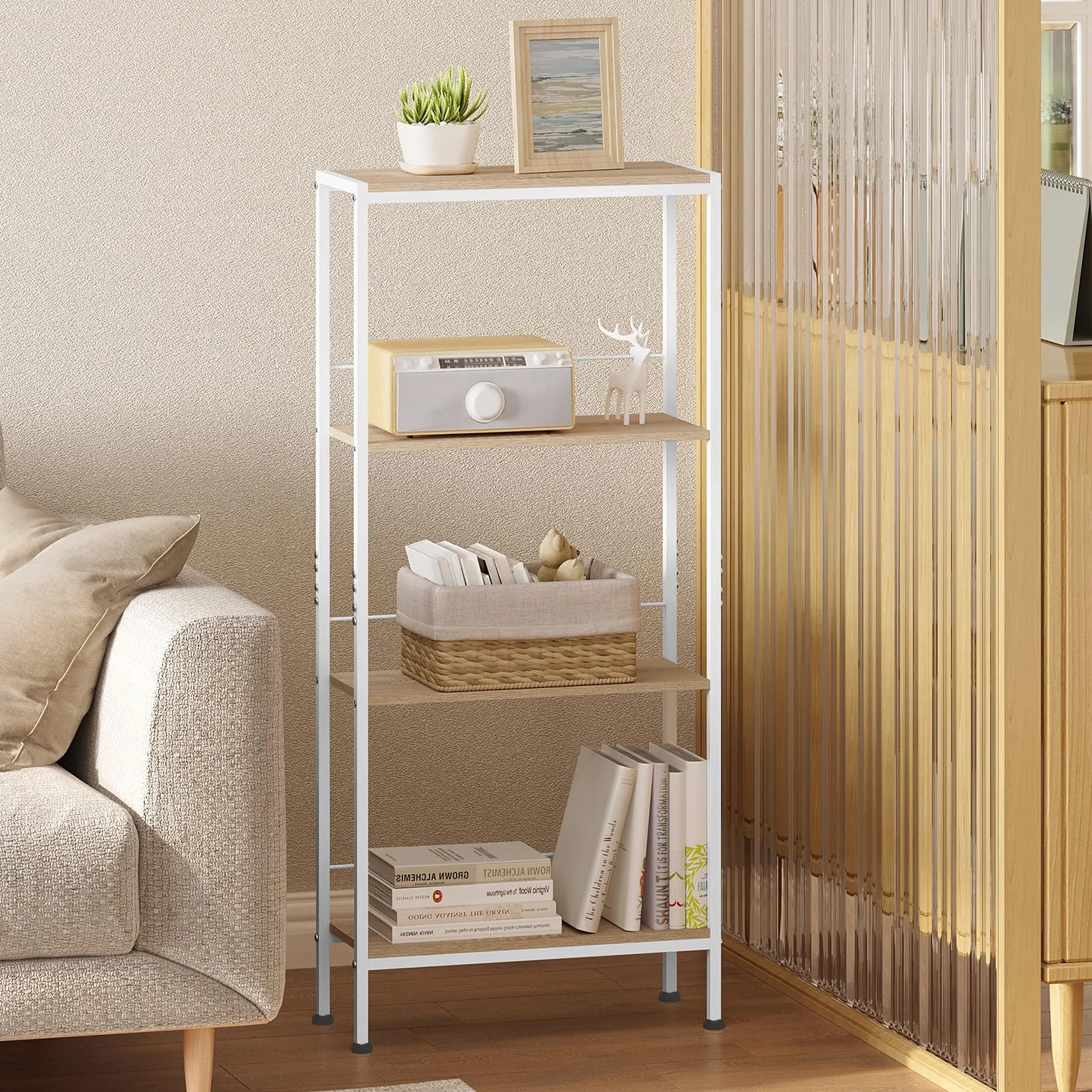 WOLTU Scaffale Salvaspazio da Cucina a 4 Ripiani, Scaffale Angolare per Bagno, Soggiorno, Camera da Letto, Stile Nordico, in Legno e Metallo, Rovere Chiaro+Bianco, 50x20x110cm, RGB53whe