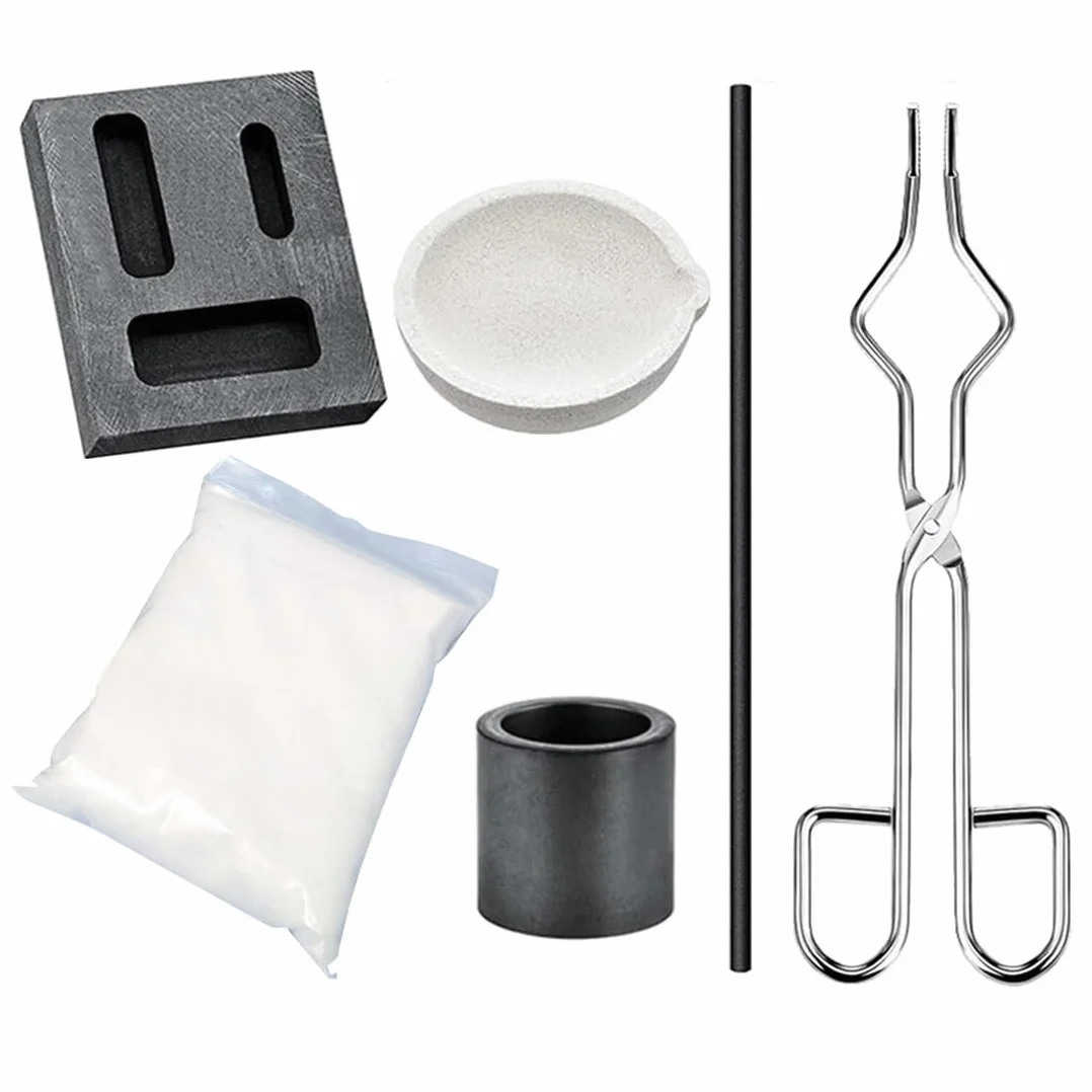Kit di fusione per torcia, 6 pezzi, per raffinazione e creazione di gioielli in oro e argento, include barra, stampo per lingotti in grafite 3 in 1, crogiolo al quarzo, grafite cilindrica