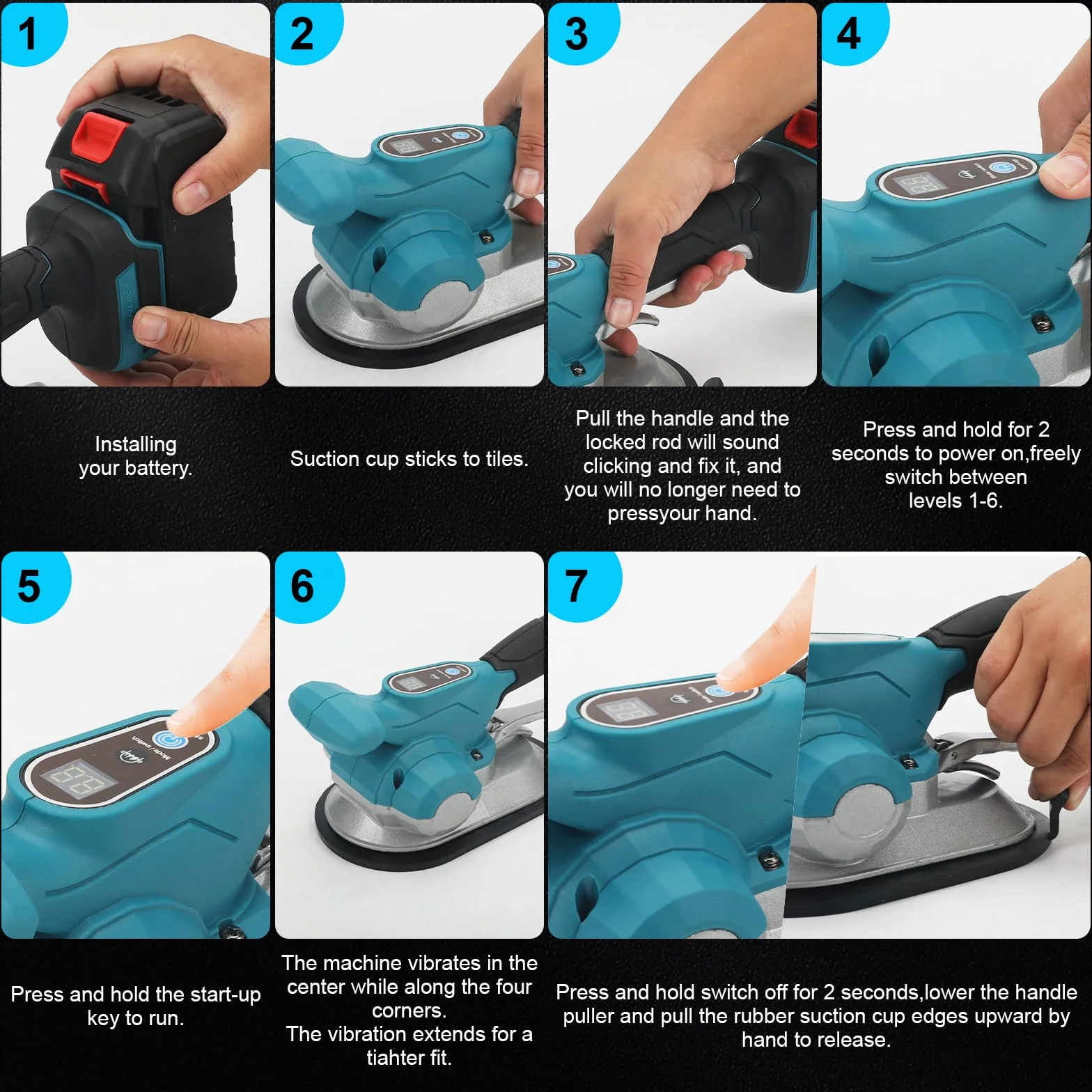 Batteria vibrante per piastrelle, compatibile con batteria Makita da 18 V (senza batteria), piastrellista con 6 marce regolabili, ventosa da 20 cm, forza adesiva da 200 kg, display digitale e borsa in